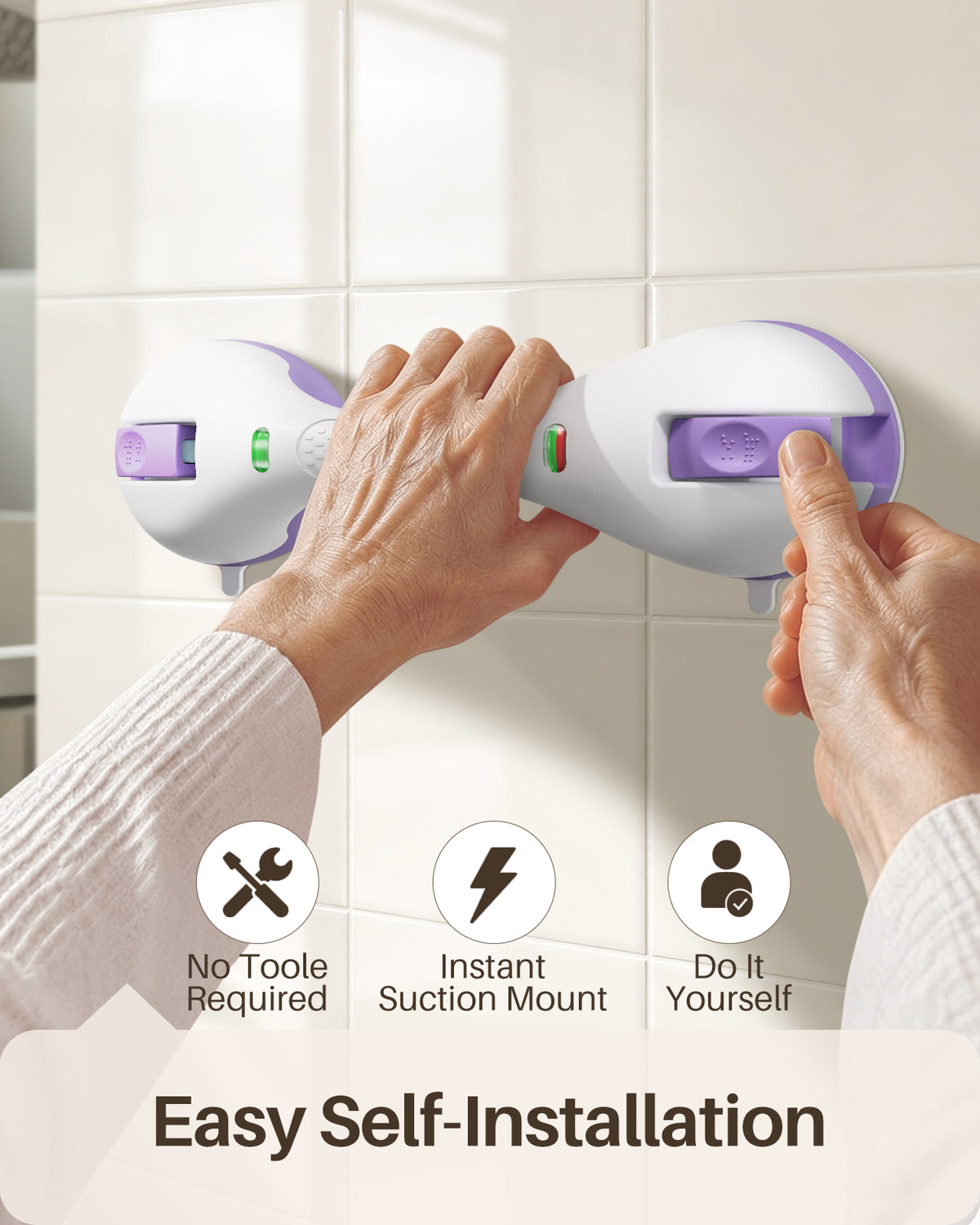 KEKOY 2 Pack Shower Handles for Elderly with Safety Indicators, 12" Grab Bars for Bathroom Stronger Suction Cup, Heavy Duty Shower Bars, Bathroom Safety Bars for Seniors