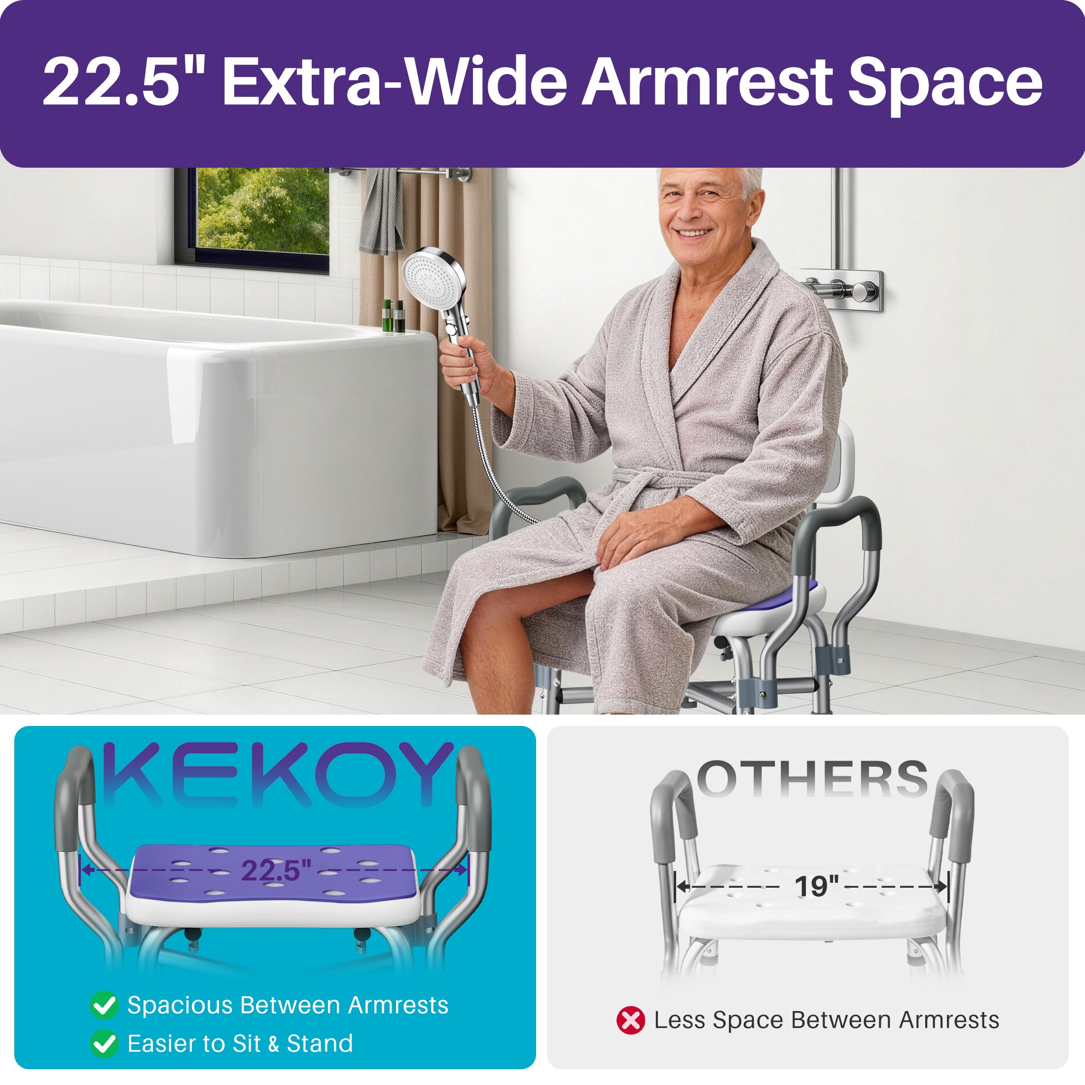 KEKOY Shower Chair with Back and Arms for Inside Shower, 550LBS Heavy Duty Shower Chair, 22.5" Extra Wide Space Between Armrests, Large Suction Feet, FSA/HSA Adjustable Shower Chair for Elderly