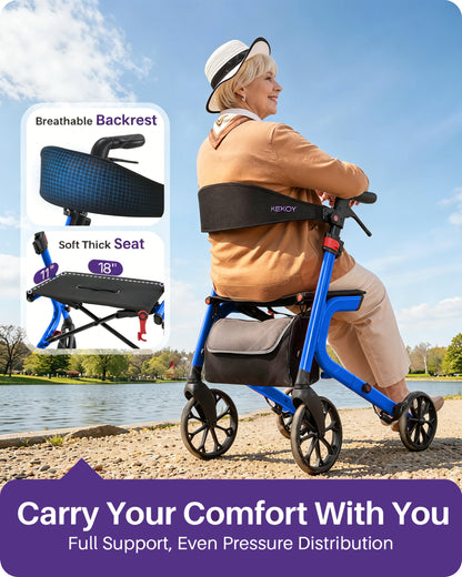 Kekoy Heavy-Duty Rollator Walker with Seat for Seniors – 500 lbs Walker for Seniors, Extra-Wide 19.5" Seat, Reinforced K-Frame, 10" TPR All-Terrain Wheels, Hidden Brake Cables, 8-Level Adjustable Height, Blue