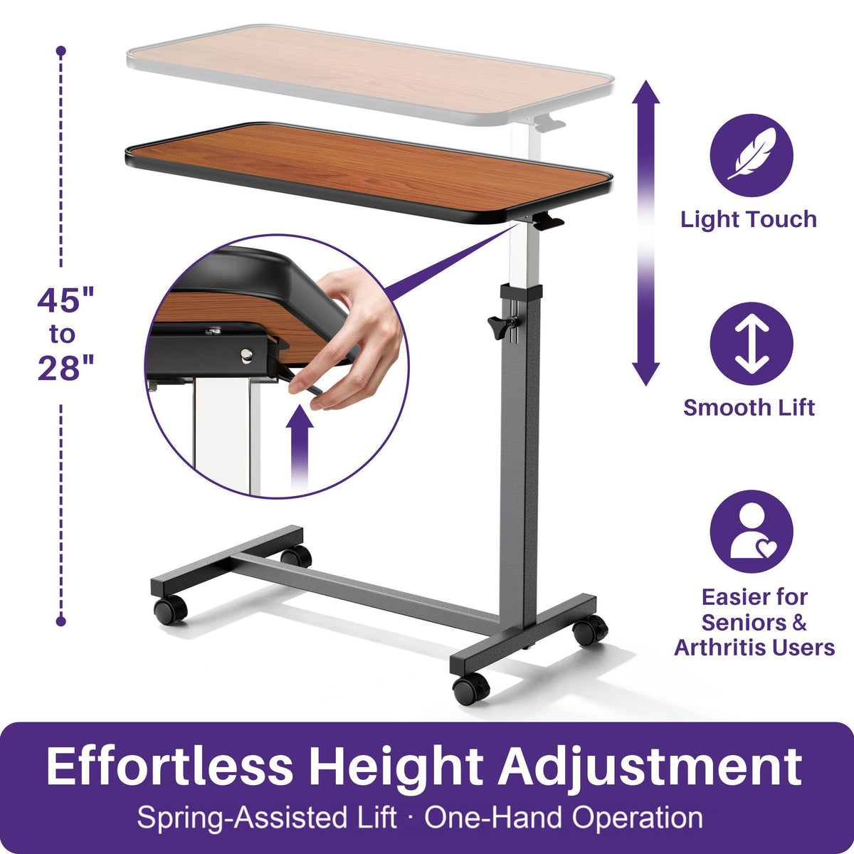 Kekoy Overbed Table with Wheels, Easy Height Adjustable Bedside Table for Bed for Elderly, Rolling Bed Tray Table for Eating & Reading, Stable Support for Medical Home Care and Hospital Use