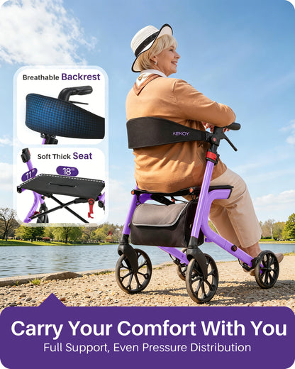 Kekoy Heavy-Duty Rollator Walker with Seat for Seniors – 500 lbs Walker for Seniors, Extra-Wide 19.5" Seat, Reinforced K-Frame, 10" TPR All-Terrain Wheels, Hidden Brake Cables, 8-Level Adjustable Height, Purple