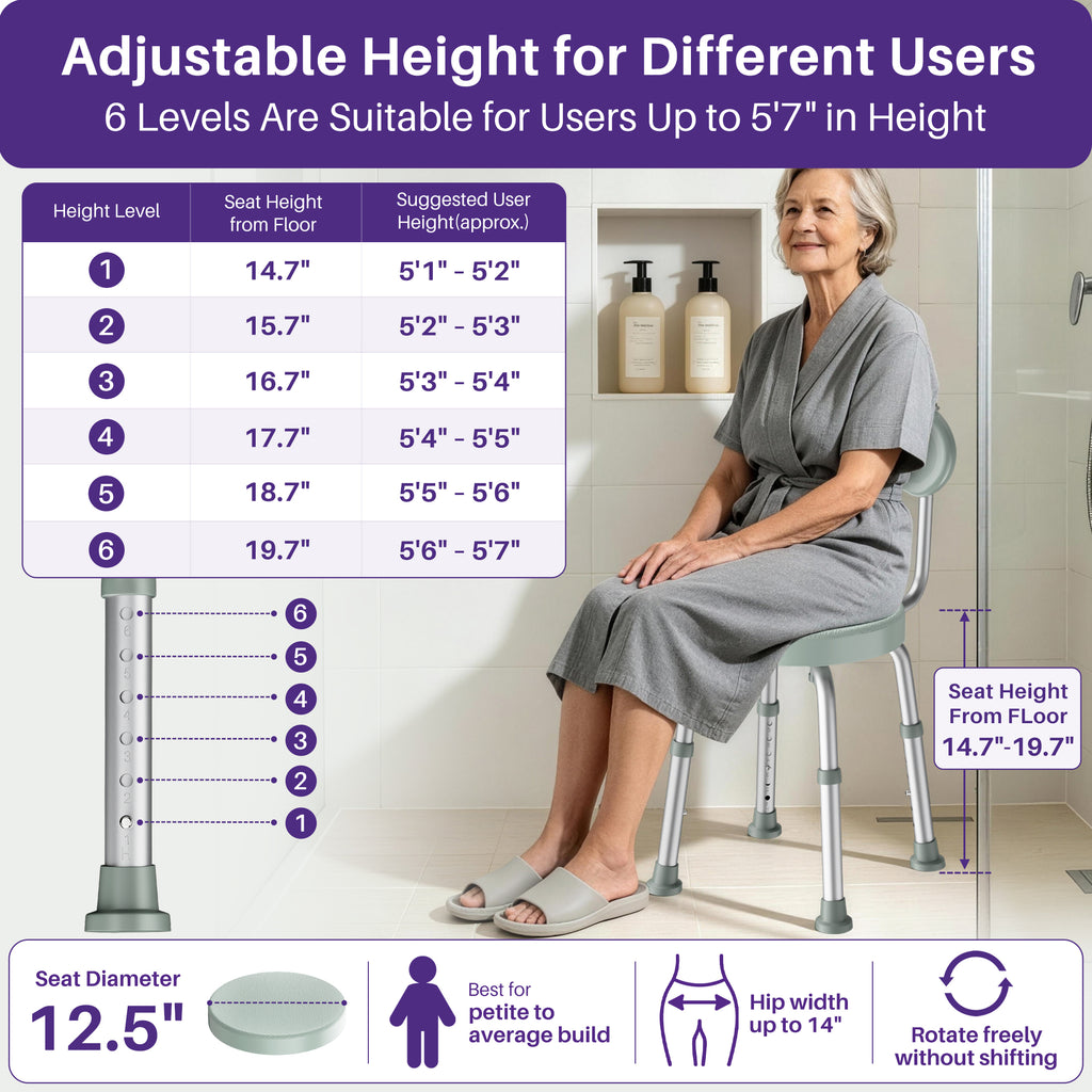 Kekoy Swivel Shower Chair, 360° Rotating Shower Seat with Backrest for Elderly and Disabled, Height Adjustable Tub Bench for Inside Shower Stool & Bath Tub Seat for Narrow Space
