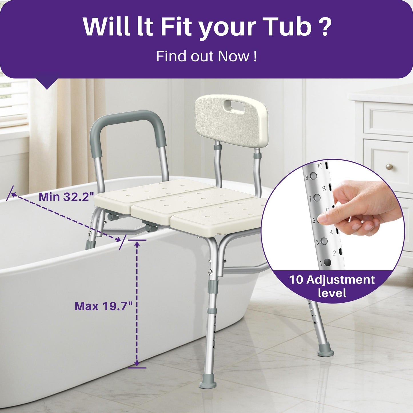 KEKOY Shower Transfer Bench for Bathtub 400LBs, FSA/HSA Eligible Tub Bath Shower Chair Seat, Height Adjustable Shower Stool for Elderly, Disabled, White