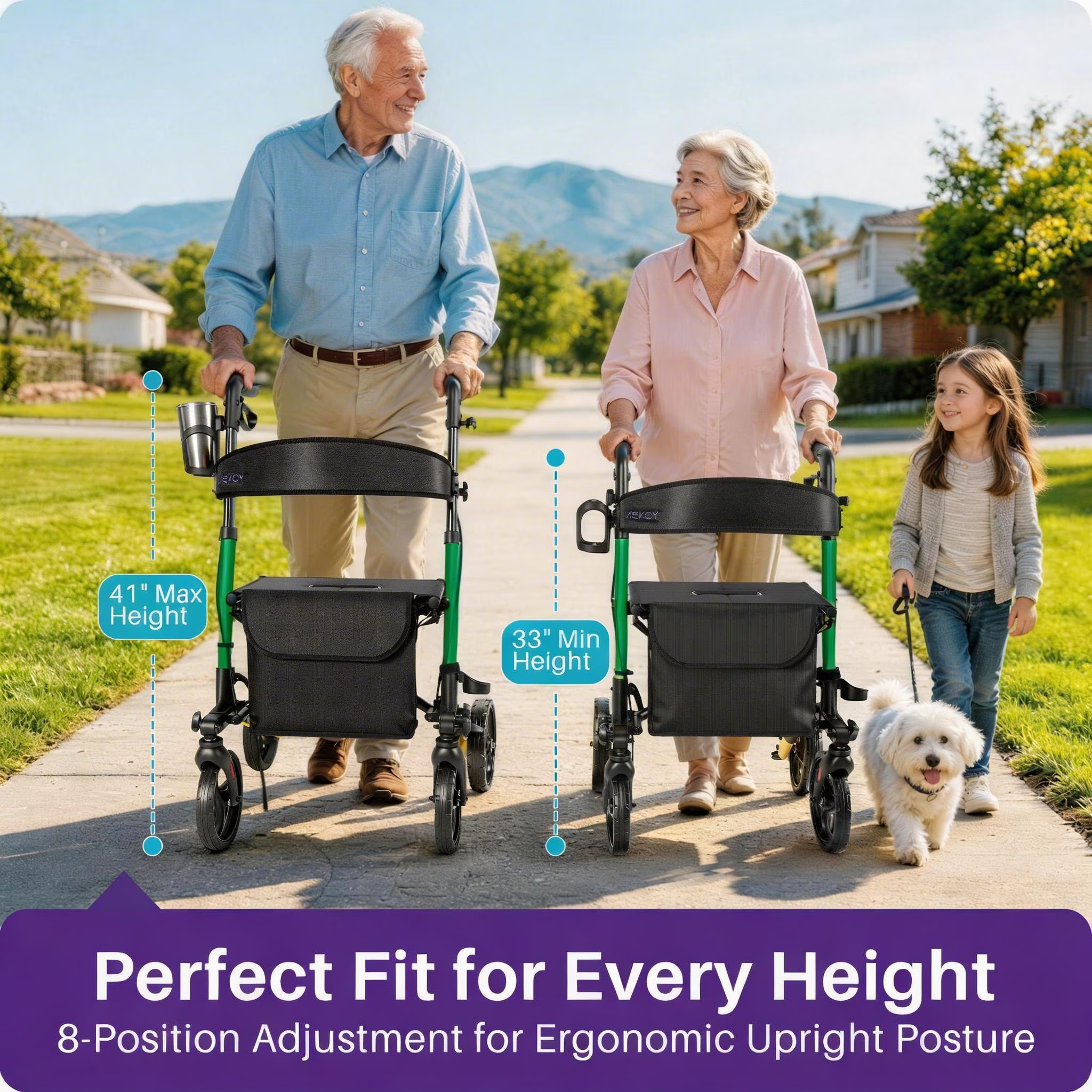 Kekoy Foldable Mobility Rollator Walkers for Seniors with Seat 350 lb, Adjustable Handles and Backrest Height, FSA eligible Adult Aluminum Rolling Mobility Walker, 8" Big Wheels, Green