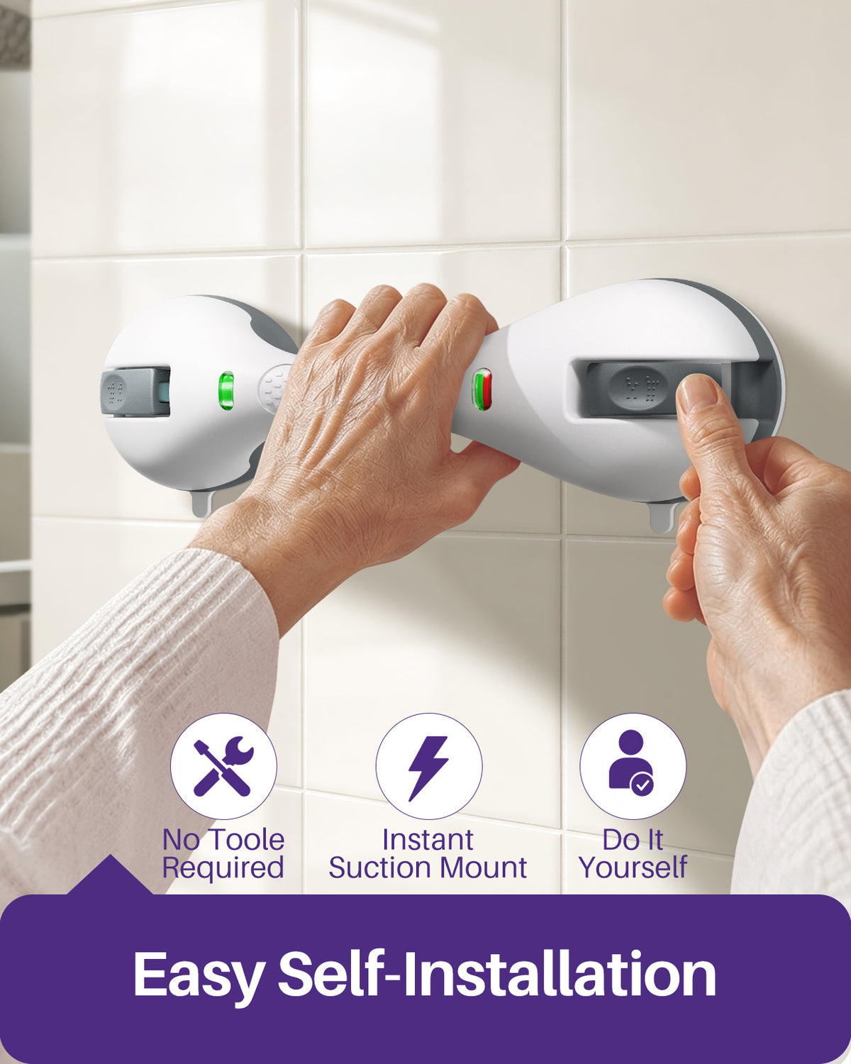 KEKOY 12" Grab Bars for Bathroom with Dual-Layer Suction Cup, Shower Handles for Elderly with Safety Indicators, No Drilling Heavy Duty Shower Bars, 1 Pc