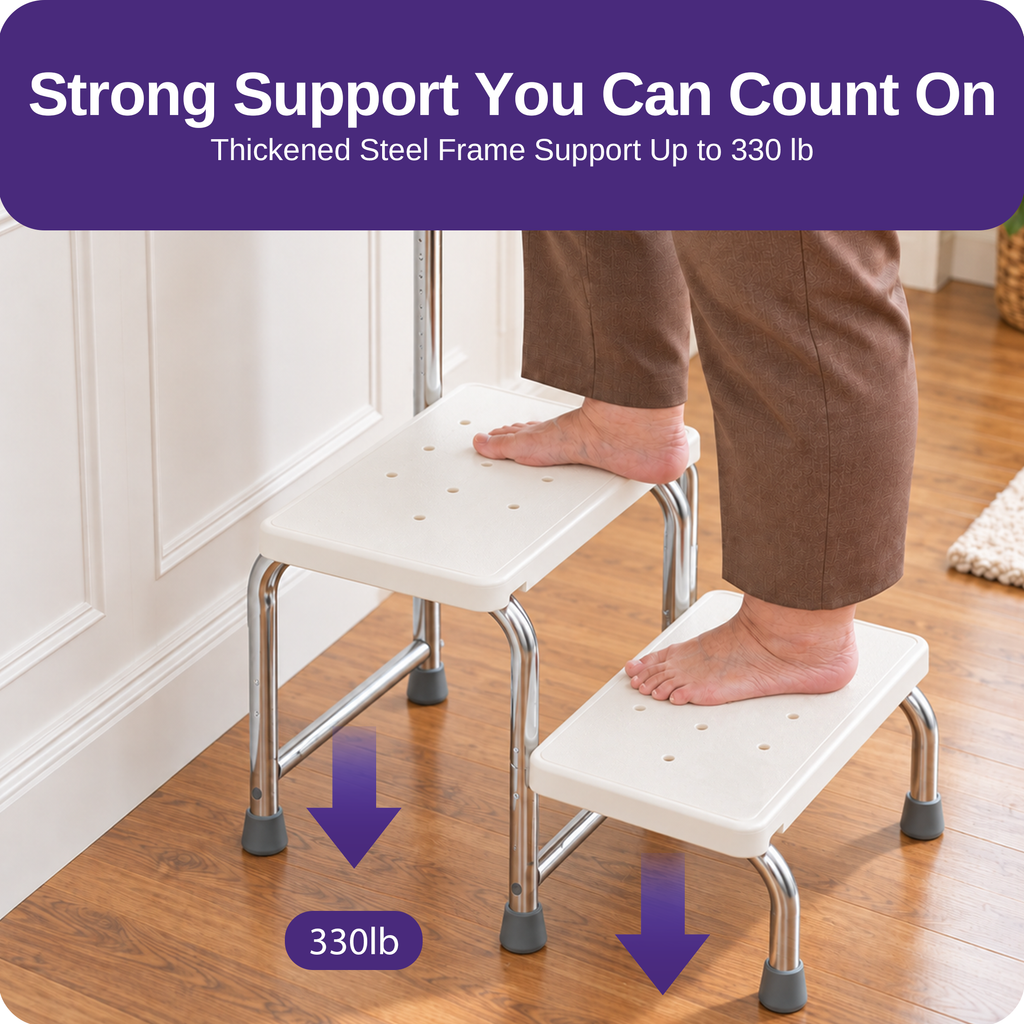 Kekoy 2 Step Stool for Adults and Seniors, 330 lb Metal Frame with Handle, Non-Slip Steps, 10 Height Settings, Motion-Activated LED for High Beds