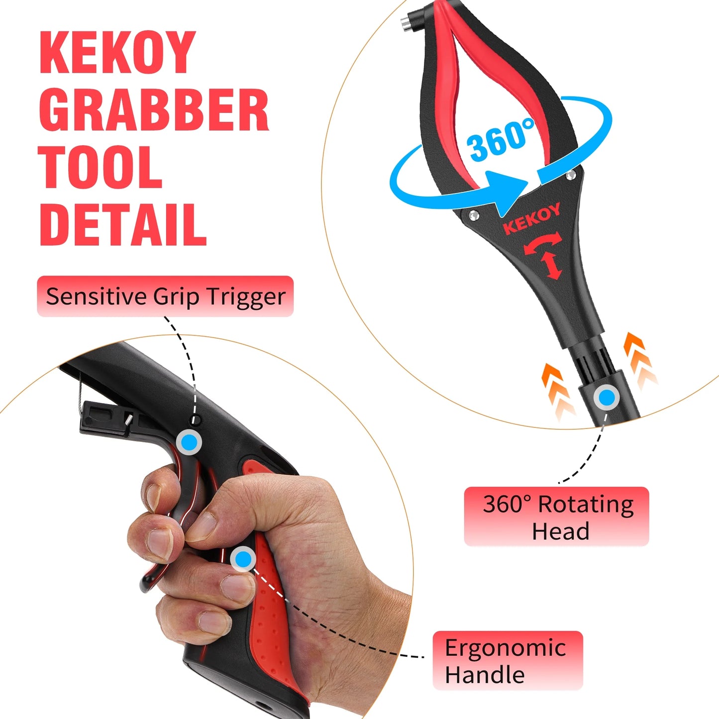 36 Inch Grabber Reacher, Kekoy Foldable Grabbers for Elderly Grab It Reaching Tool Heavy Duty, Anti-Slip Rotating Jaw with Magnet, 4" Wide Claw Opening Reachers for Seniors, Trash Picker Tool(Red)