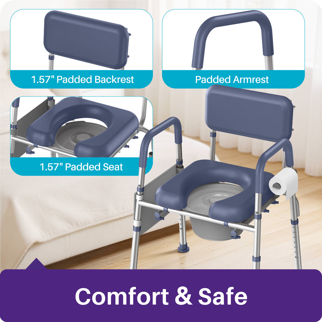 Kekoy Bedside Commode Chair with Padded Seat and Backrest, Aluminum Commode Toilet for Adults, Seniors, Disabled, Adjustable Height, Includes Potty Bucket & Splash Guard, 400lbs Capacity
