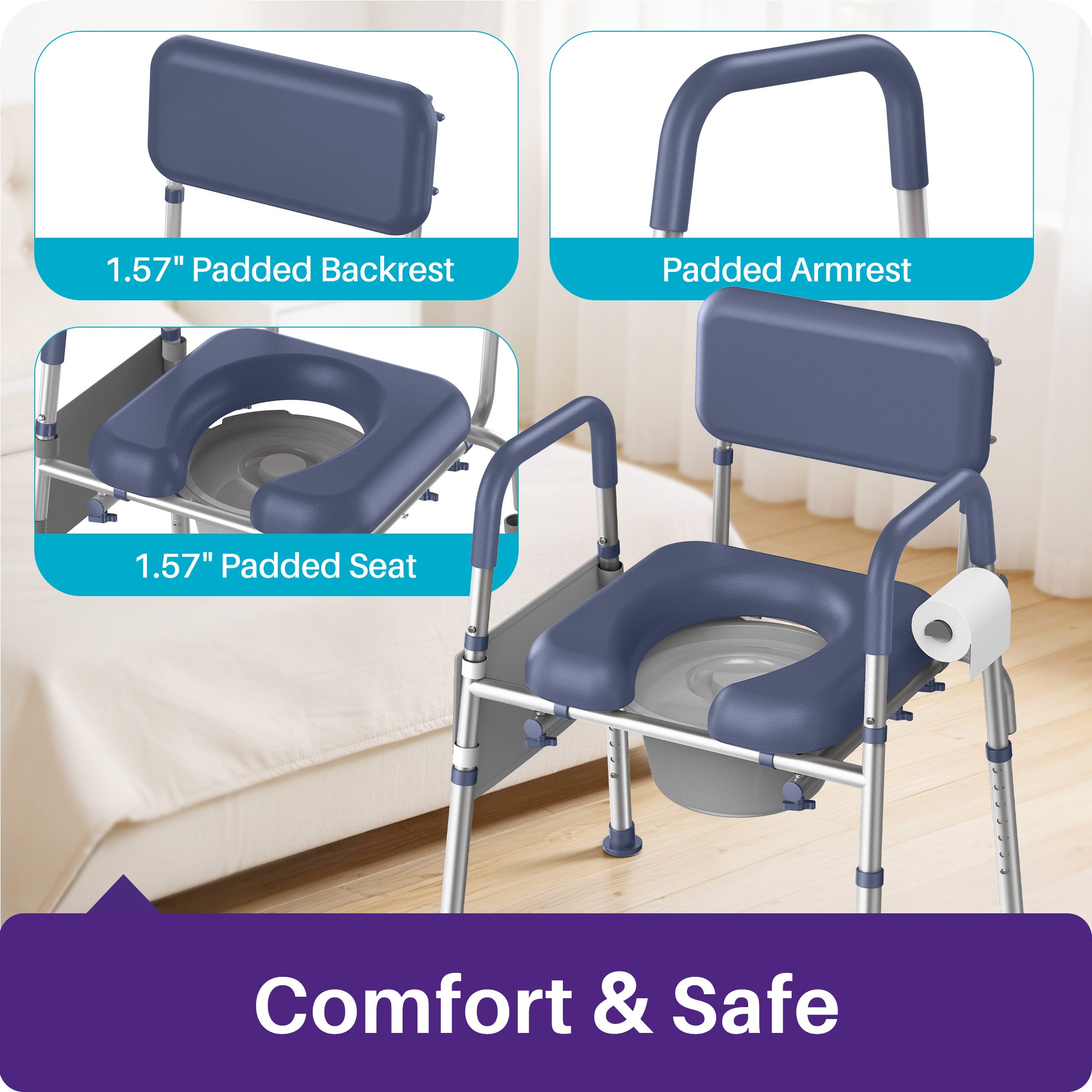 Kekoy Bedside Commode Chair with Padded Seat and Backrest, Aluminum Commode Toilet for Adults, Seniors, Disabled, Adjustable Height, Includes Potty Bucket & Splash Guard, 400lbs Capacity