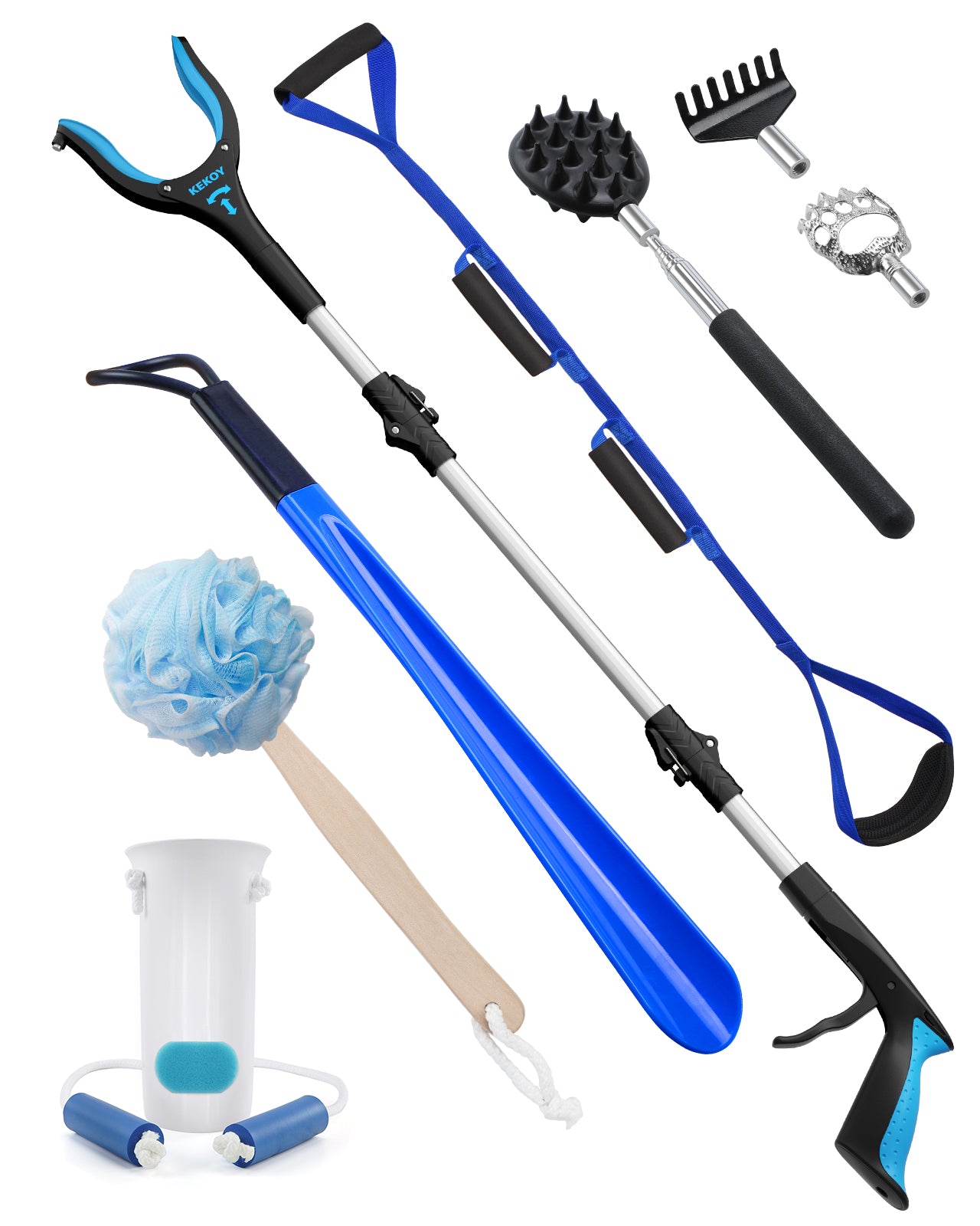 KEKOY 8 Pcs Hip and Knee Replacement Kit, Hip Kit for Hip Surgery with 36" Reacher Grabber, Sock Aid, 42" Leg Lifter, Long Shoe Horn, Body Scrubber, Back Scratcher, Daily Living Aids for Mobility