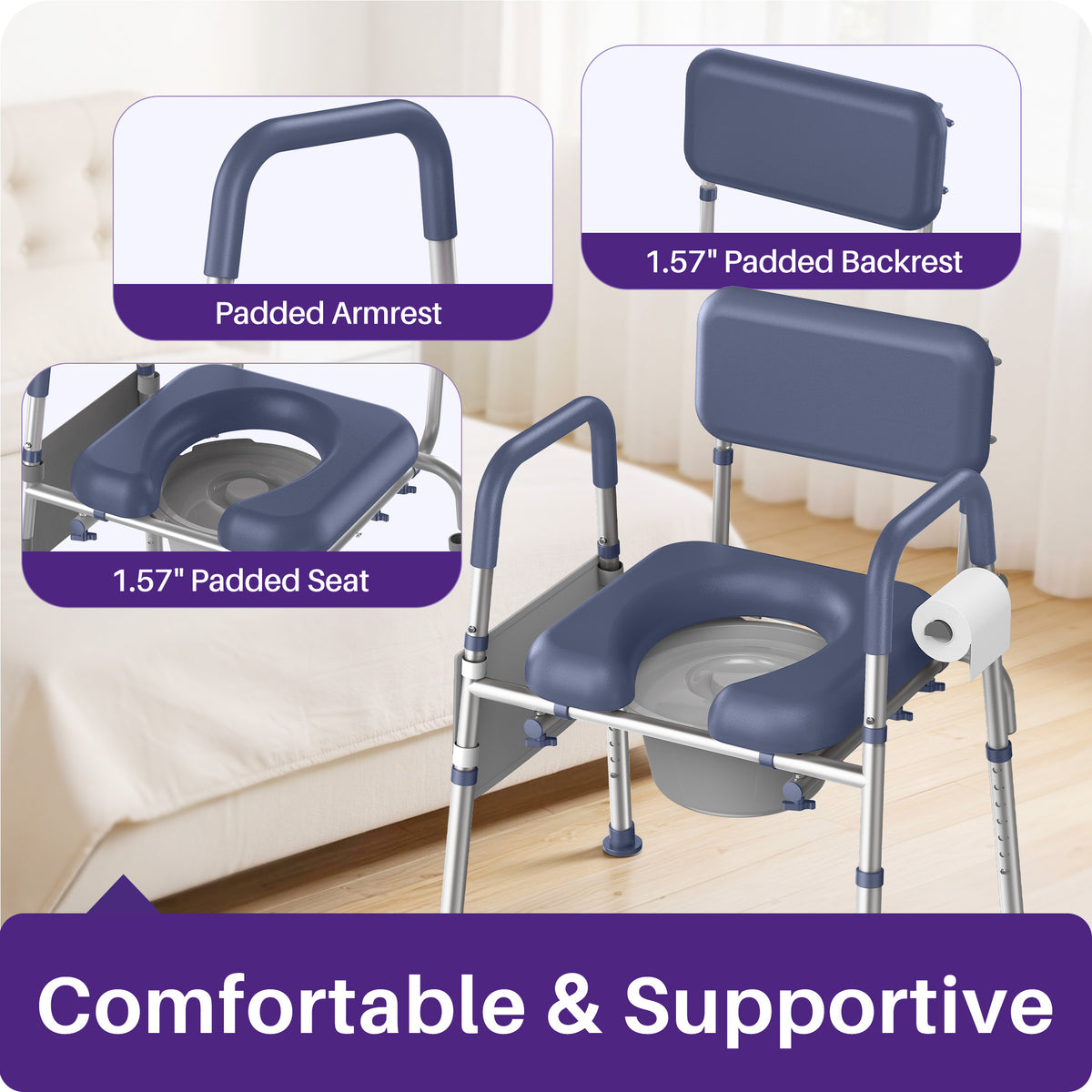 Kekoy Bedside Commode Chair with Padded Seat and Backrest, Aluminum Commode Toilet for Adults, Seniors, Disabled, Adjustable Height, Includes Potty Bucket & Splash Guard, 400lbs Capacity