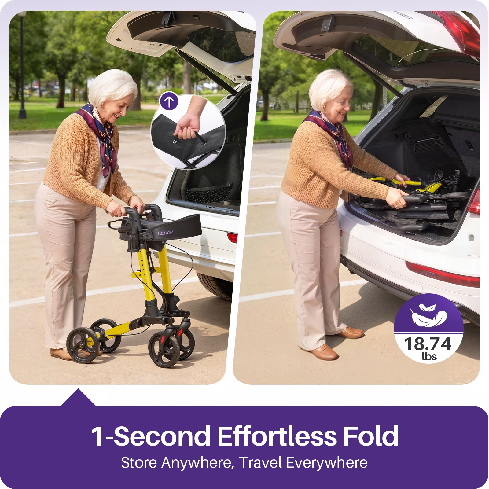 KEKOY Foldable Mobility Rollator Walkers for Seniors with Seat 350 lb, Adjustable Handles and Backrest Height, Adult Aluminum Rolling Walker, 8" Big Wheels, Yellow