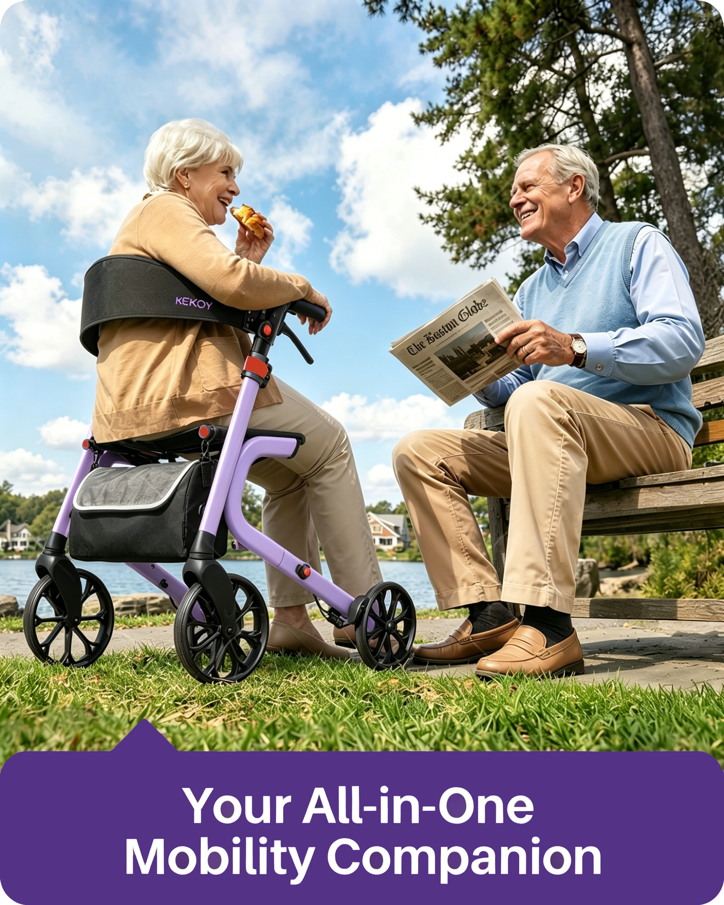 Kekoy Heavy-Duty Rollator Walker with Seat for Seniors – 500 lbs Walker for Seniors, Extra-Wide 19.5" Seat, Reinforced K-Frame, 10" TPR All-Terrain Wheels, Hidden Brake Cables, 8-Level Adjustable Height, Purple