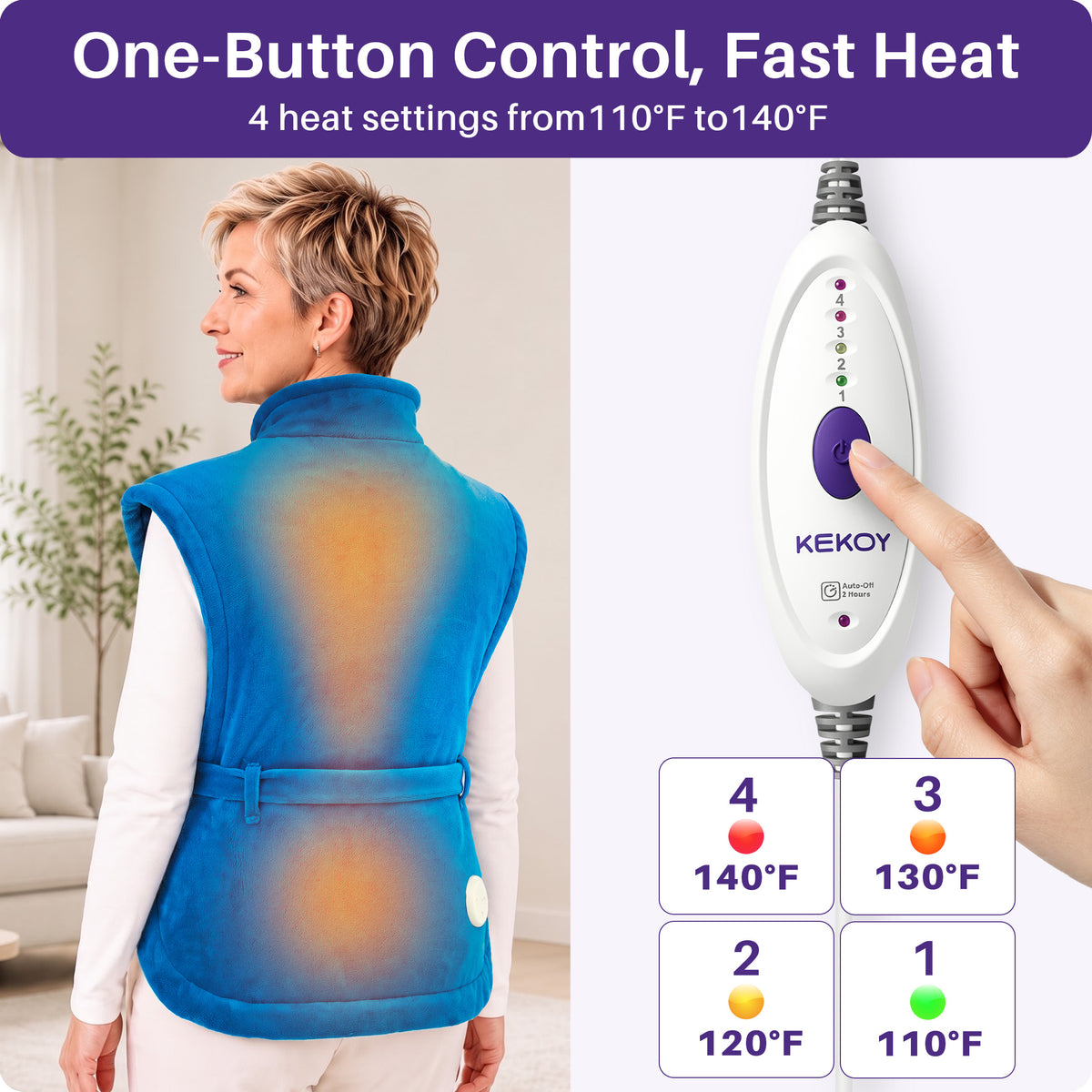 KEKOY Heating Pad for Back, Neck & Shoulders Pain Relief, Wearable Electric Heat Pad with Detachable Belt, 4 Heat Settings, 2-Hour Auto Shut-Off, Fast Heating, 24"x33", Blue
