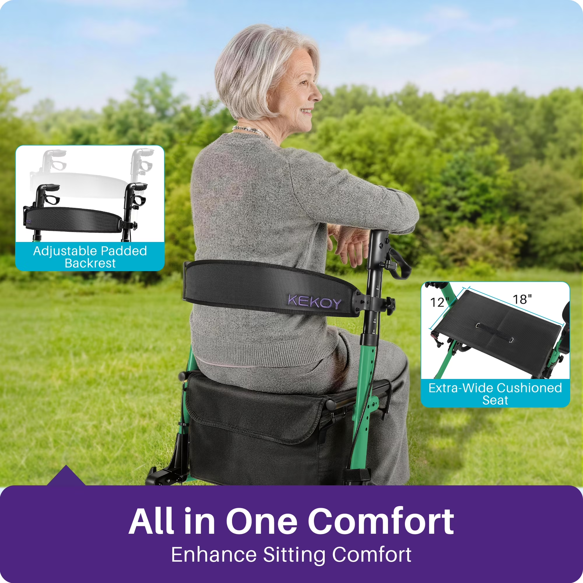 Kekoy Foldable Mobility Rollator Walkers for Seniors with Seat 350 lb, Adjustable Handles and Backrest Height, FSA eligible Adult Aluminum Rolling Mobility Walker, 8" Big Wheels, Green