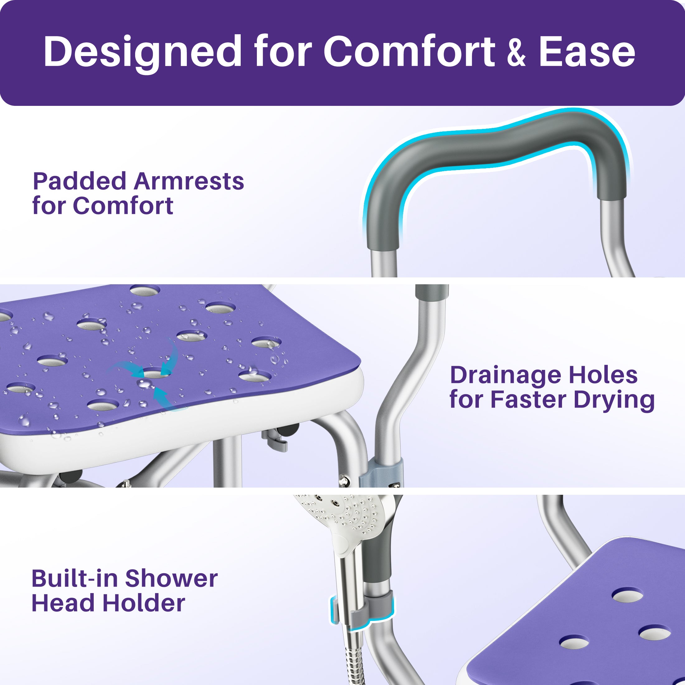 KEKOY Shower Chair with Back and Arms for Inside Shower, 550LBS Heavy Duty Shower Chair, 22.5" Extra Wide Space Between Armrests, Large Suction Feet, FSA/HSA Adjustable Shower Chair for Elderly