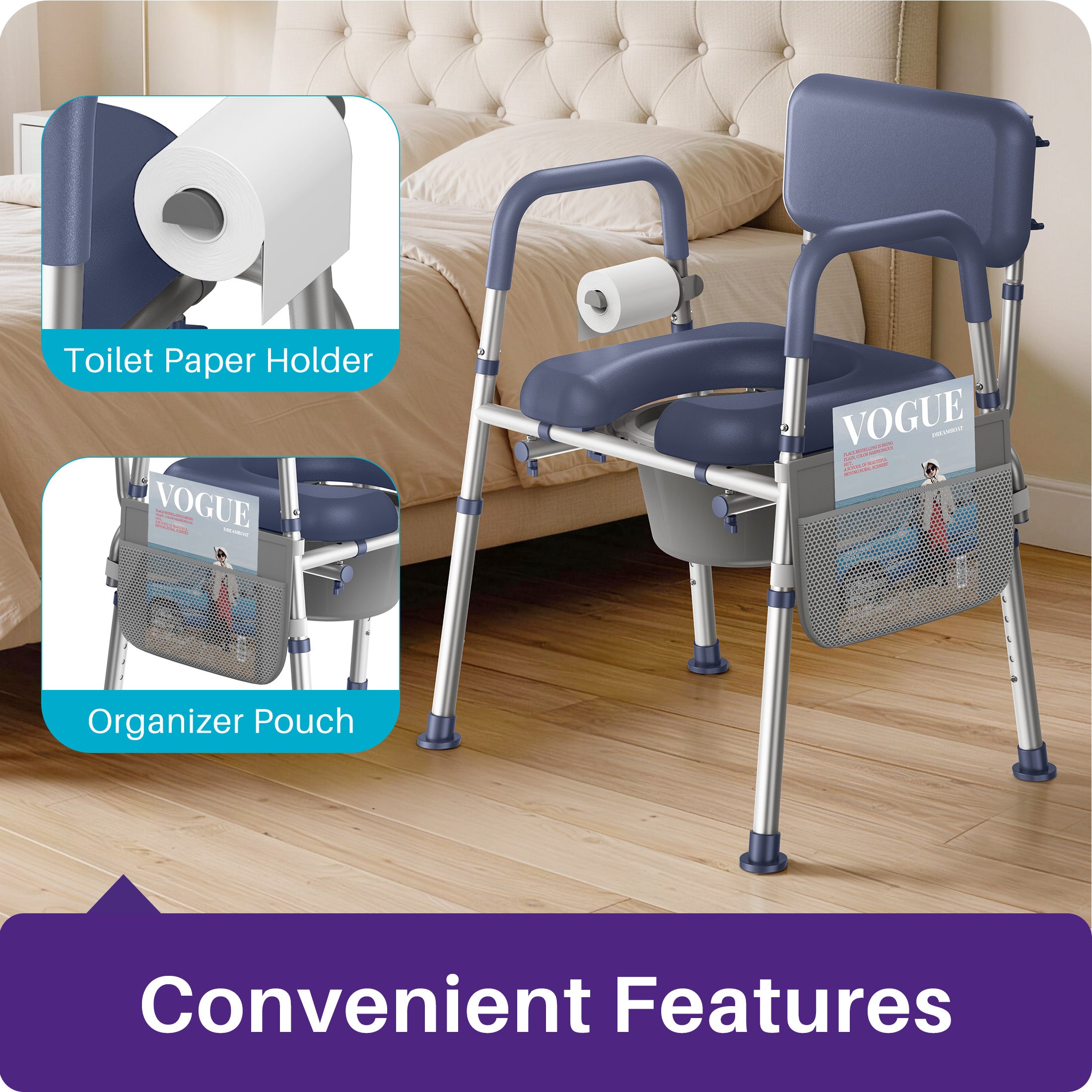 Kekoy Bedside Commode Chair with Padded Seat and Backrest, Aluminum Commode Toilet for Adults, Seniors, Disabled, Adjustable Height, Includes Potty Bucket & Splash Guard, 400lbs Capacity