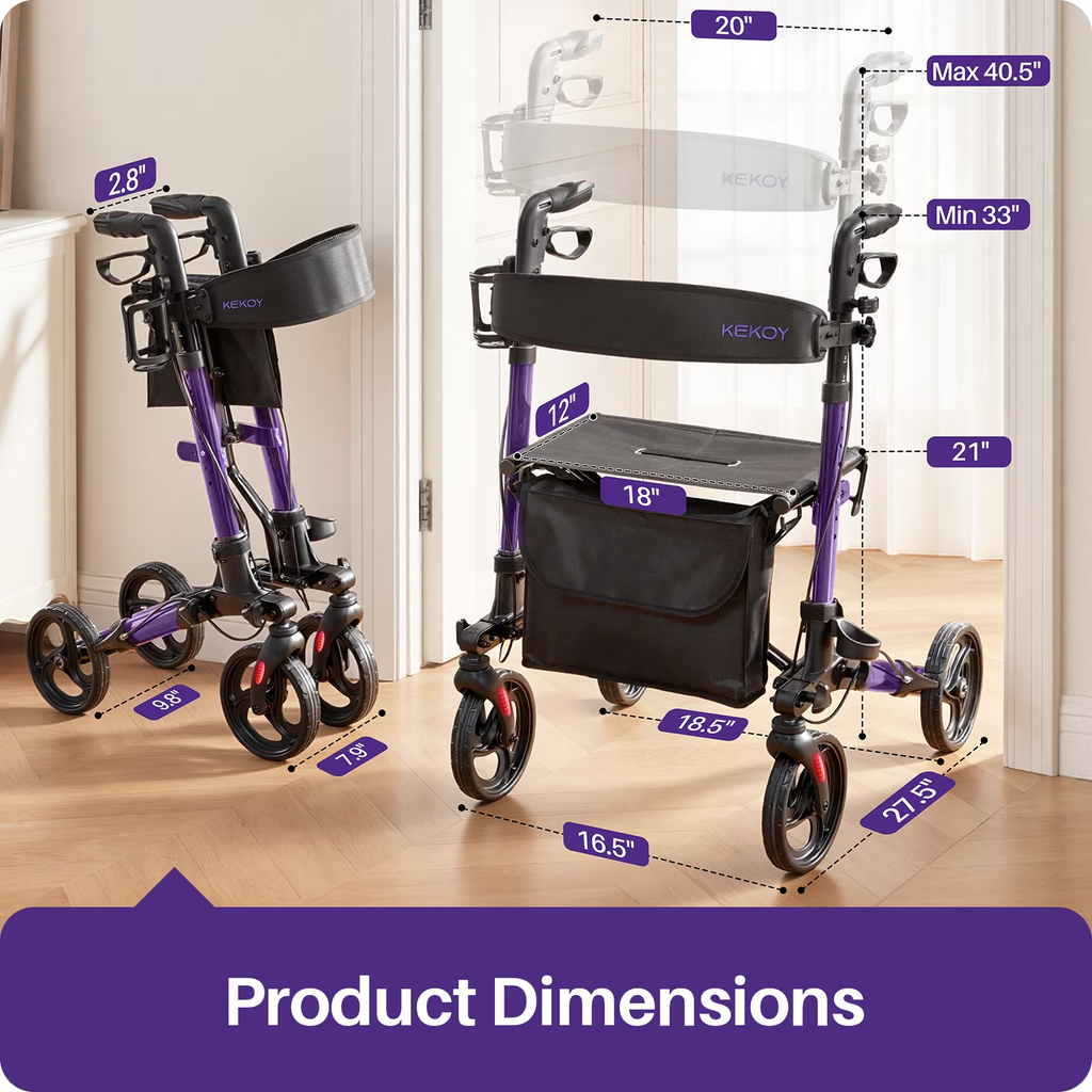KEKOY Rollator Walker with Seat, Fits 4'9"-6'5", FSA HSA  Eligible Mobility Walkers for Seniors, Adjustable Height & Backrest, Foldable Aluminum, 8" All-Terrain Wheels, 350 lb Capacity, Purple