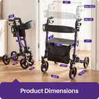 KEKOY Rollator Walker with Seat, Fits 4'9"-6'5", FSA HSA  Eligible Mobility Walkers for Seniors, Adjustable Height & Backrest, Foldable Aluminum, 8" All-Terrain Wheels, 350 lb Capacity, Purple