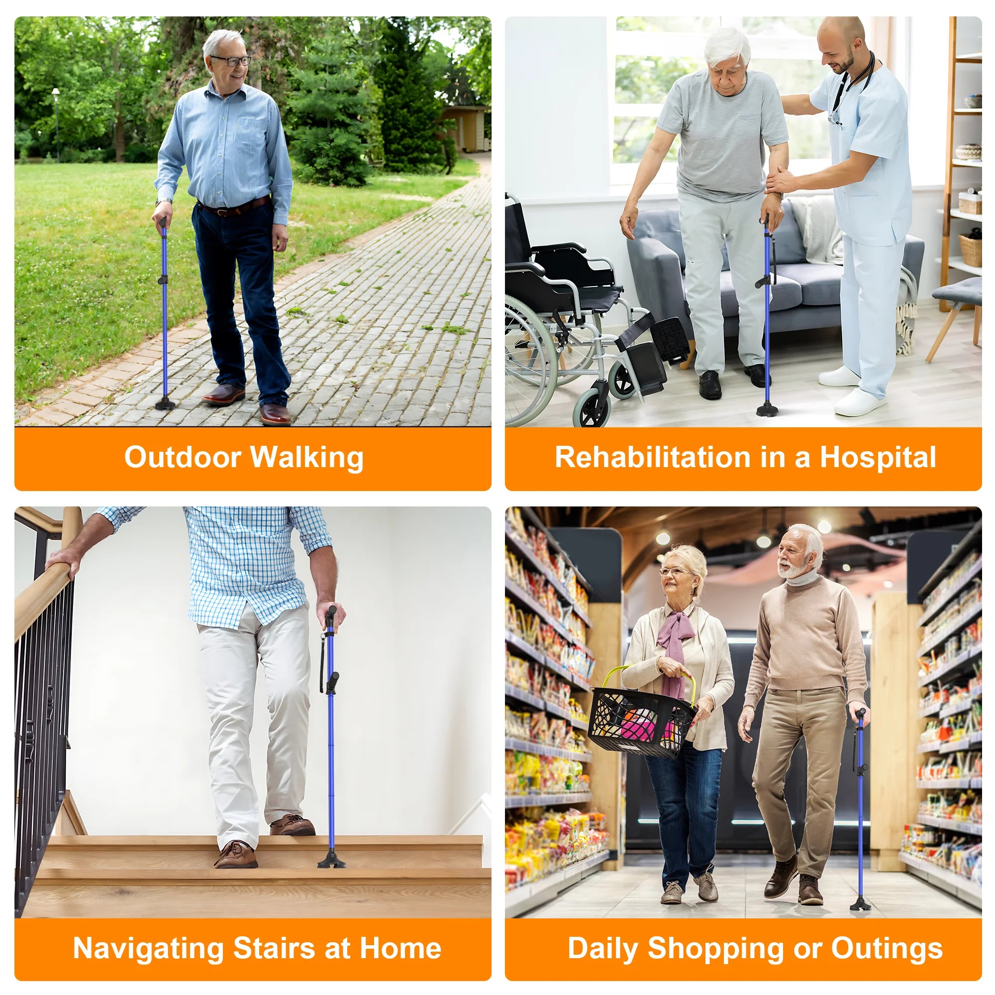 KEKOY Folding Walking Cane for Seniors Men Women with Light and Quad Base Blue