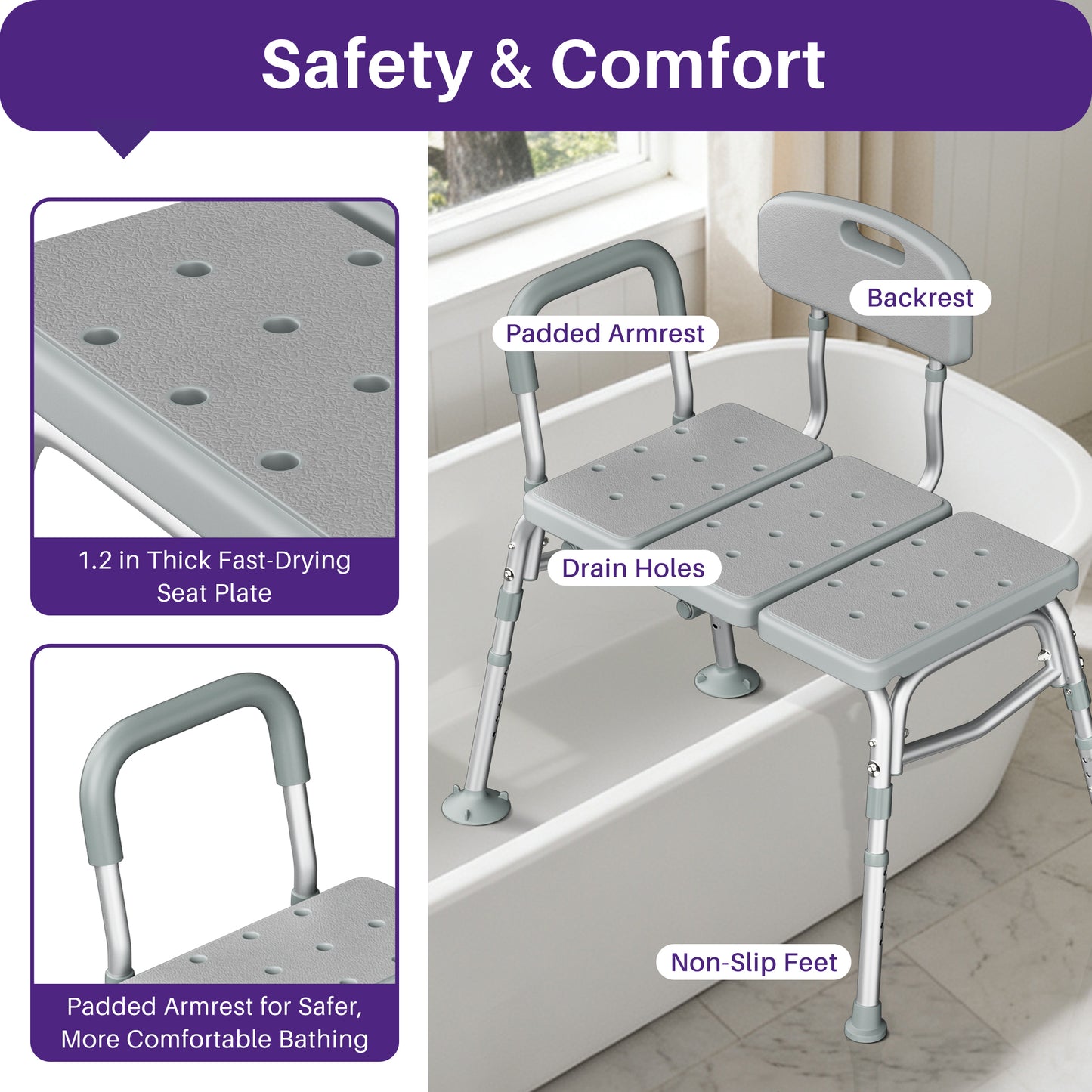 KEKOY Shower Transfer Bench for Bathtub 400LBs, FSA/HSA Eligible Tub Bath Shower Chair Seat, Height Adjustable Shower Stool for Elderly, Disabled, Grey