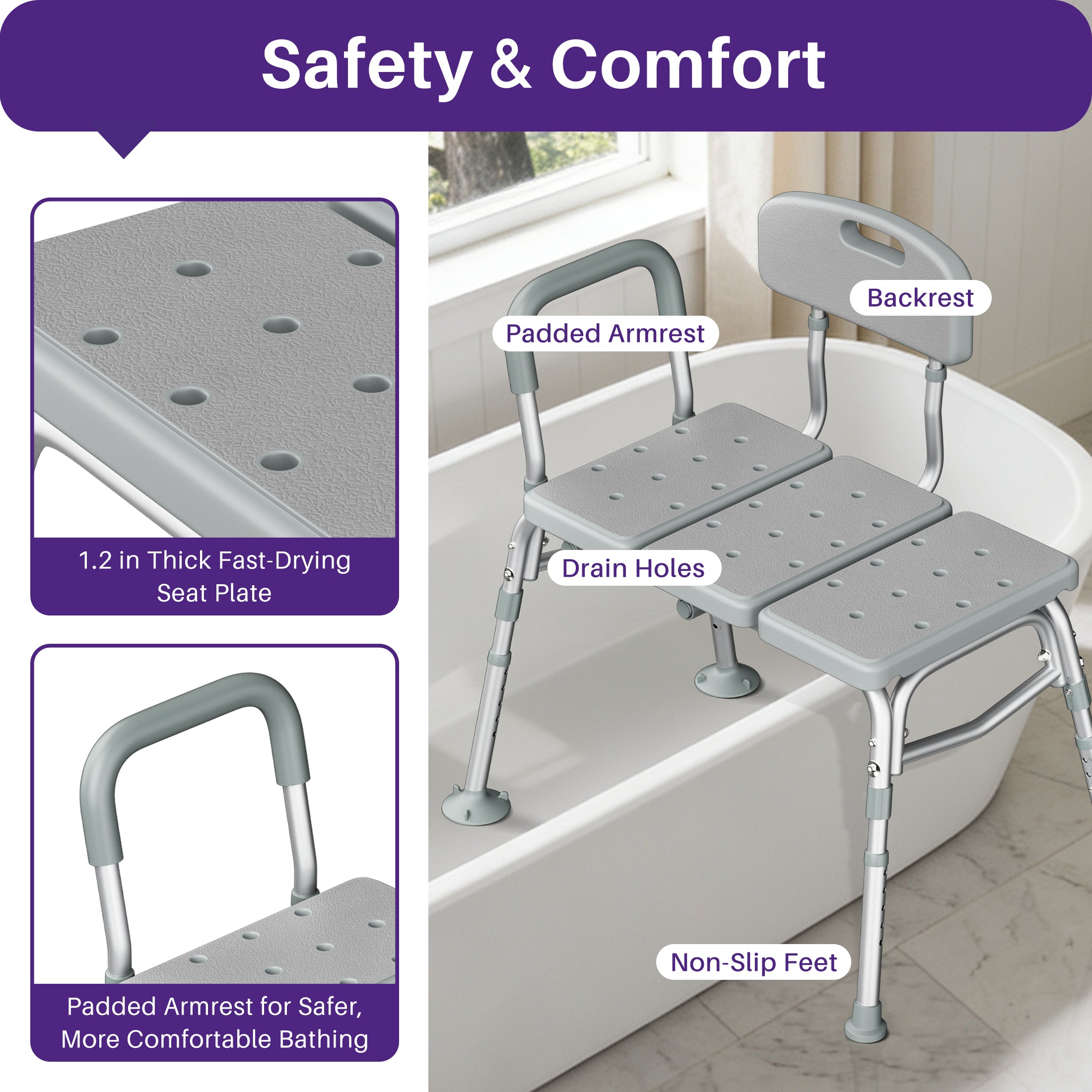KEKOY Shower Transfer Bench for Bathtub 400LBs, FSA/HSA Eligible Tub Bath Shower Chair Seat, Height Adjustable Shower Stool for Elderly, Disabled, Grey