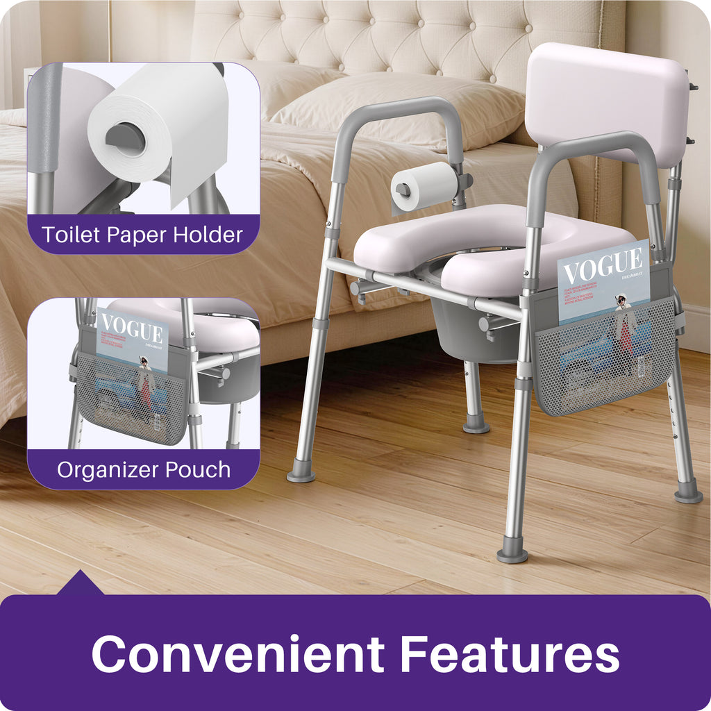 Kekoy Bedside Commode Chair with Padded Seat and Backrest, Aluminum Commode Toilet for Adults, Seniors, Disabled, Adjustable Height, Includes Potty Bucket & Splash Guard, 400lbs Capacity