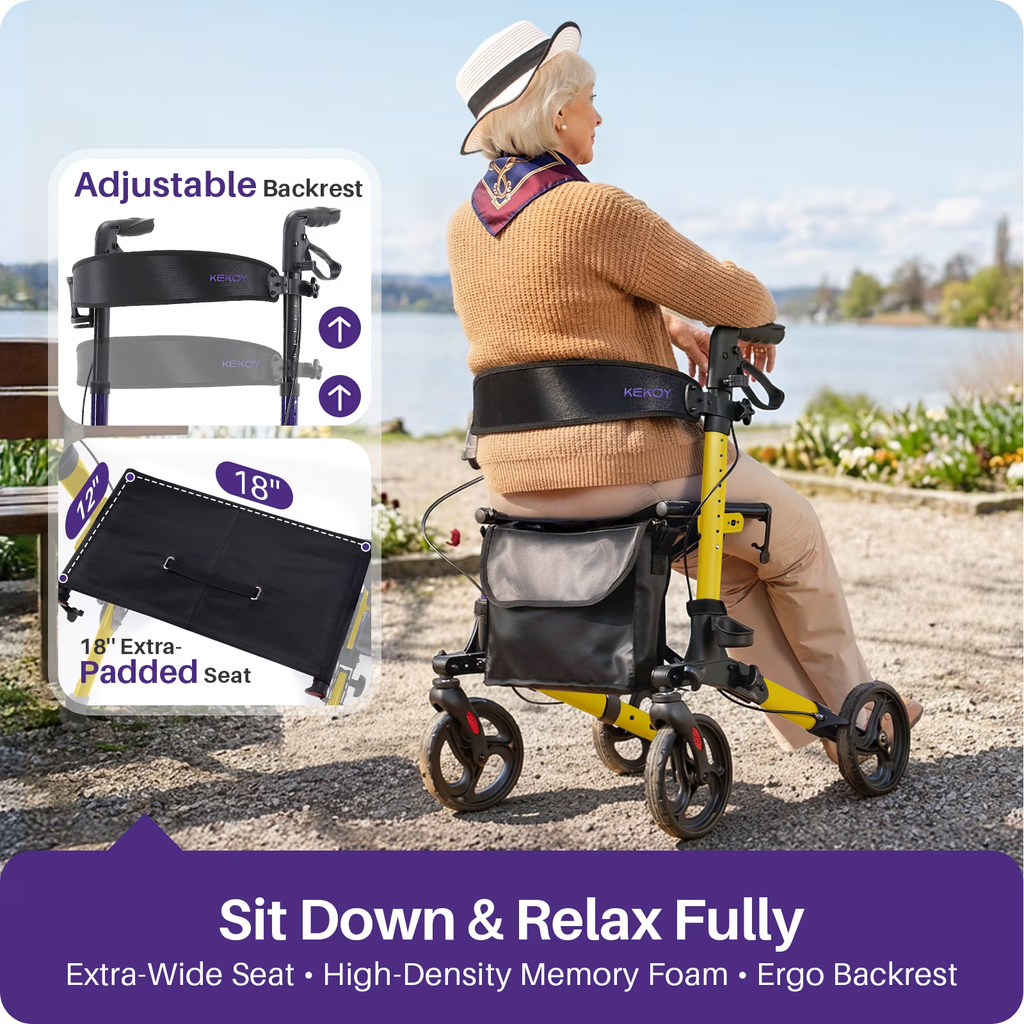 KEKOY Foldable Mobility Rollator Walkers for Seniors with Seat 350 lb, Adjustable Handles and Backrest Height, Adult Aluminum Rolling Walker, 8" Big Wheels, Yellow