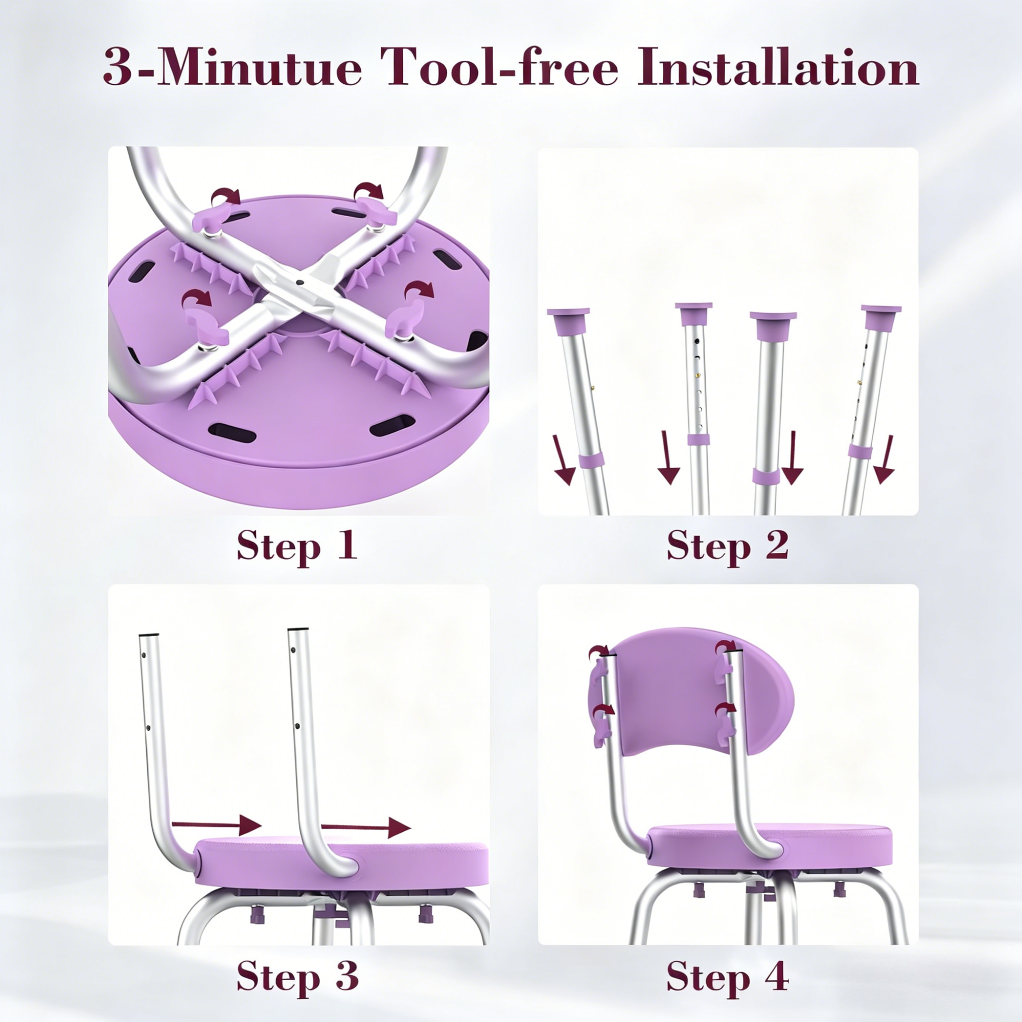 Kekoy Swivel Shower Chair, 360° Rotating Shower Seat with Backrest for Elderly and Disabled, Height Adjustable Tub Bench for Inside Shower Stool & Bath Tub Seat for Adults, Purple