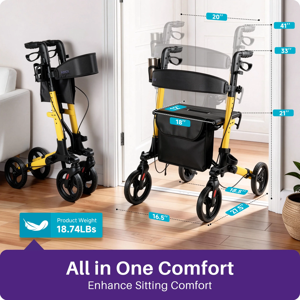 KEKOY Walkers for Seniors Foldable Mobility Rollator with Seat 350 lb, Adjustable Handles and Backrest Height, Adult Aluminum Rolling Walker, 8" Big Wheels, Yellow