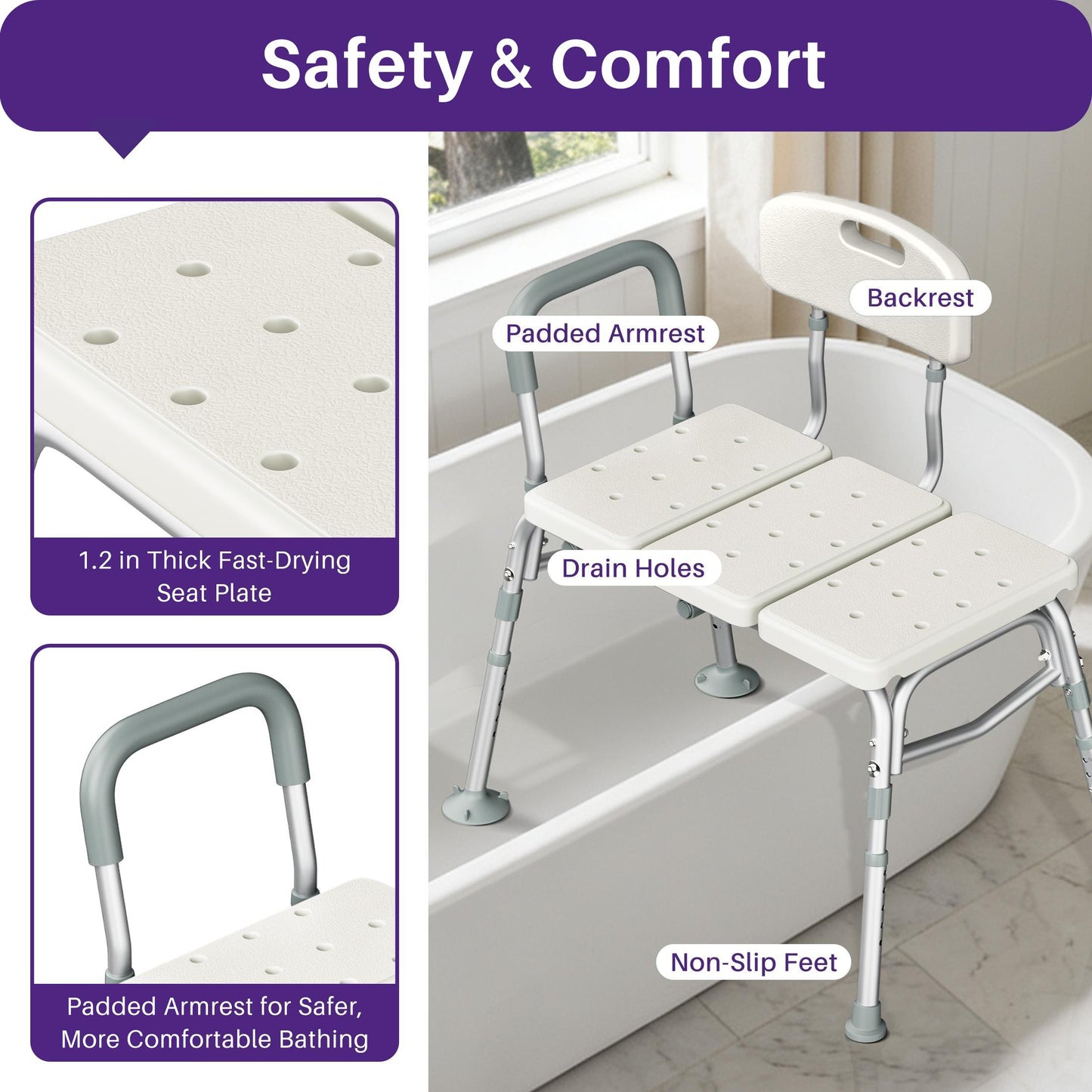 KEKOY Shower Transfer Bench for Bathtub 400LBs, FSA/HSA Eligible Tub Bath Shower Chair Seat, Height Adjustable Shower Stool for Elderly, Disabled, White