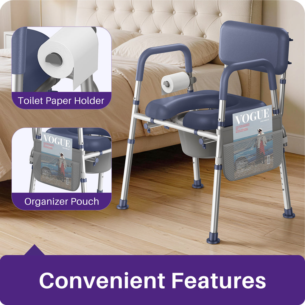 Kekoy Bedside Commode Chair with Padded Seat and Backrest, Aluminum Commode Toilet for Adults, Seniors, Disabled, Adjustable Height, Includes Potty Bucket & Splash Guard, 400lbs Capacity