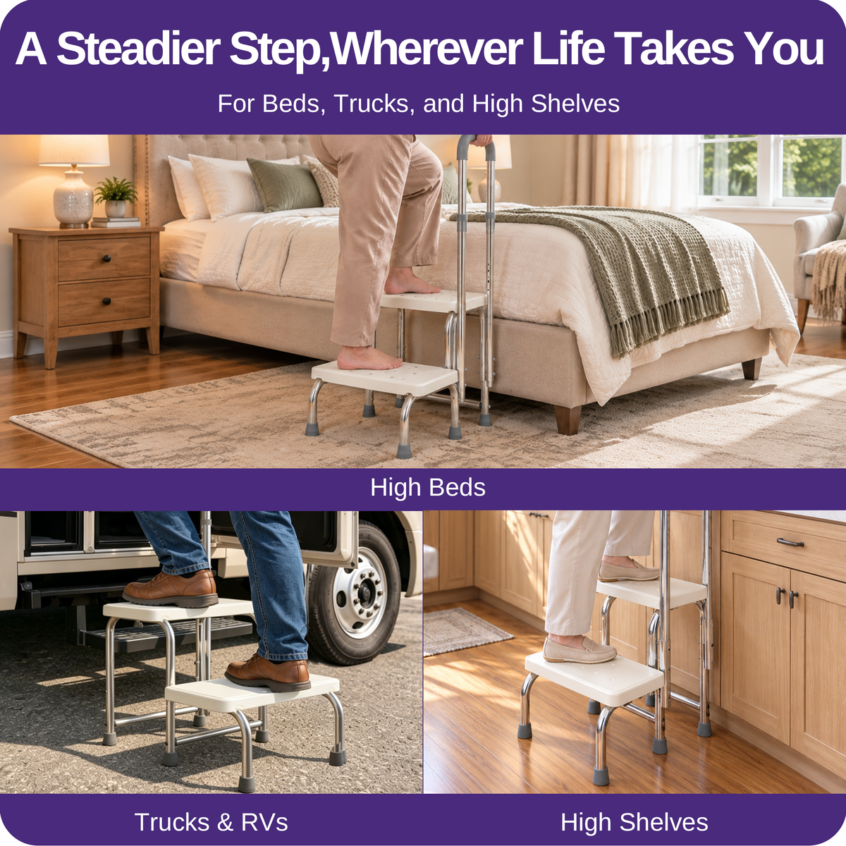 Kekoy 2 Step Stool for Adults and Seniors, 330 lb Metal Frame with Handle, Non-Slip Steps, 10 Height Settings, Motion-Activated LED for High Beds