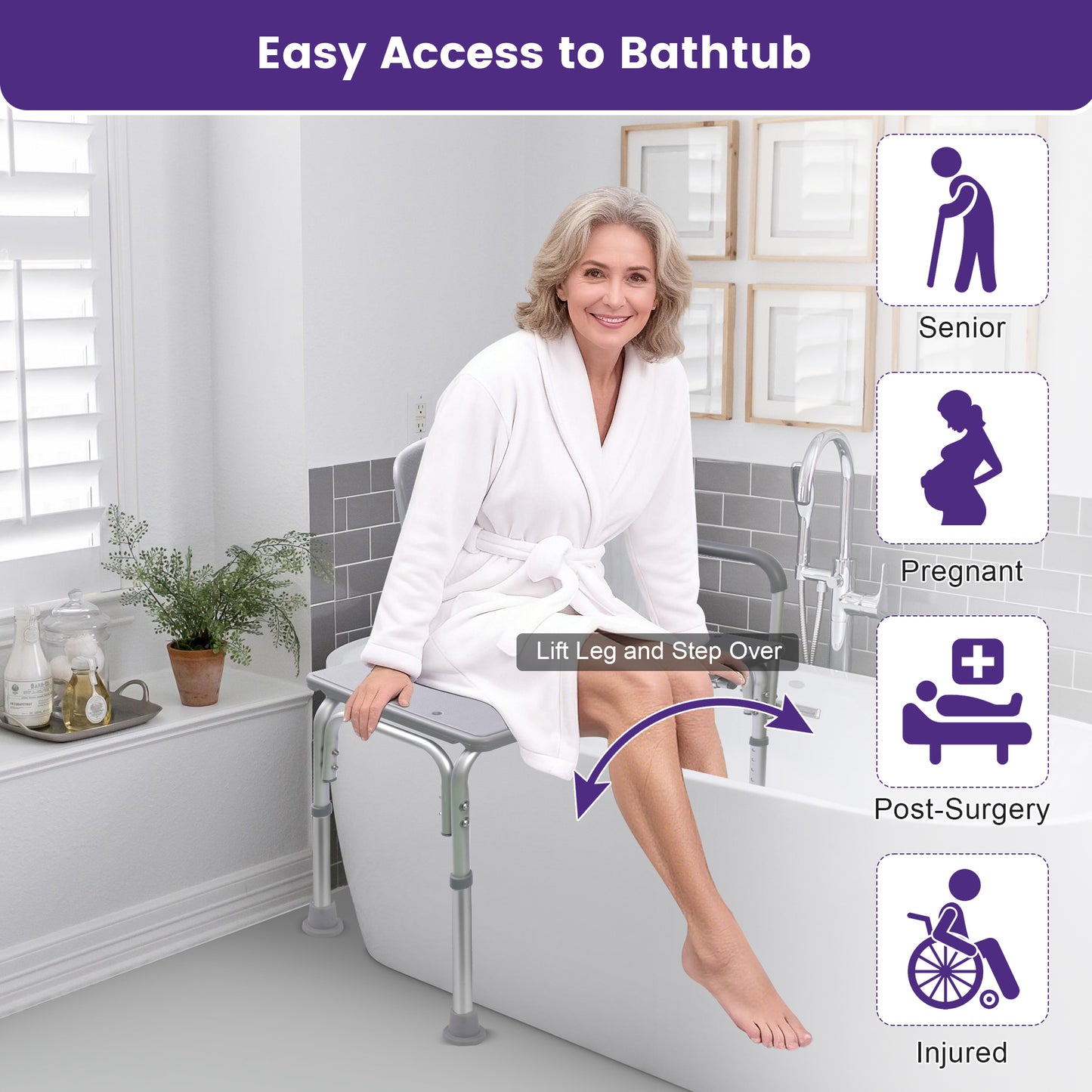 KEKOY Shower Transfer Bench for Bathtub 500LBs, FSA/HSA Eligible Tub Bath Shower Chair Seat, Height Adjustable Shower Stool for Elderly, Disabled, Grey