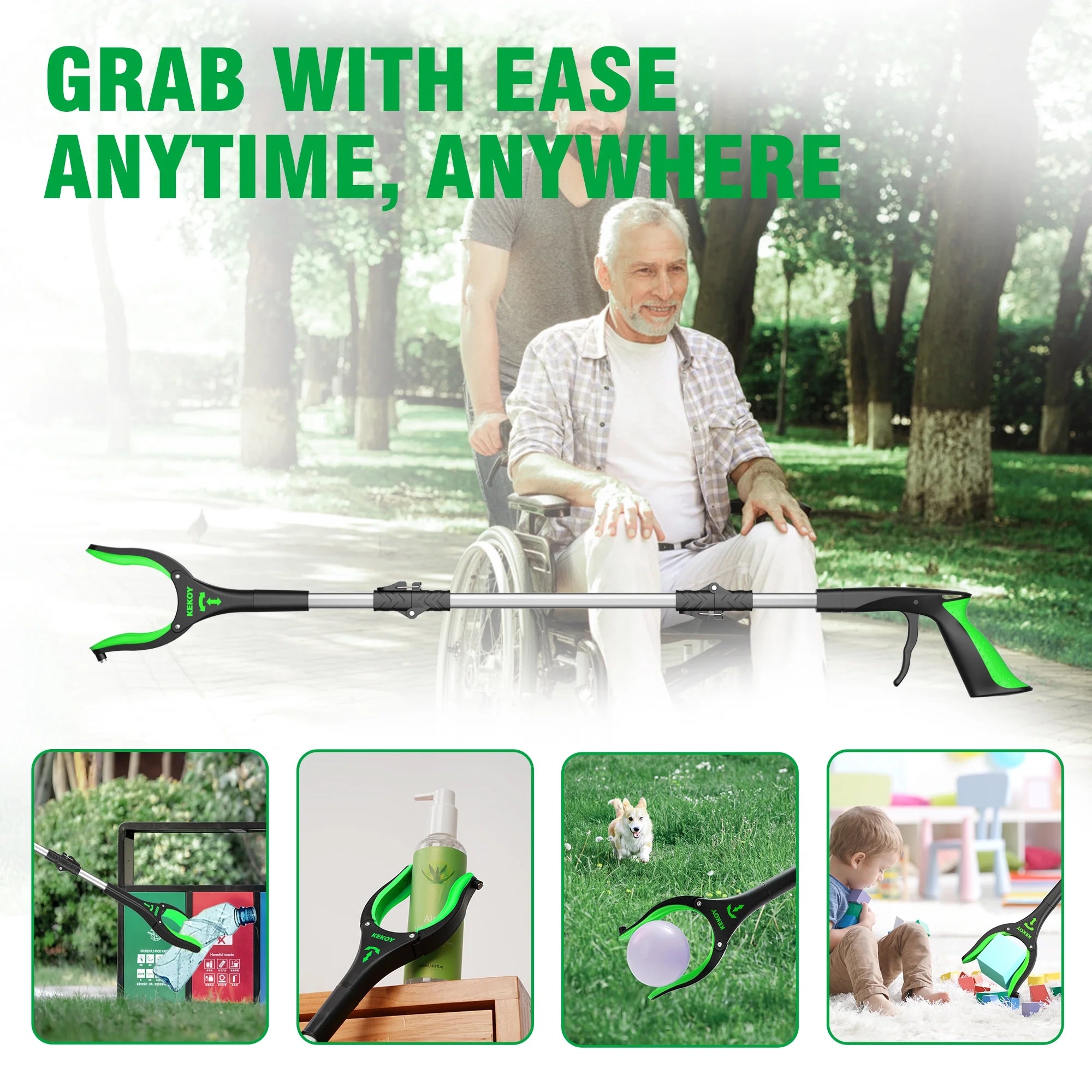 36" Extra Long Grabber Reacher, Kekoy Foldable Grabbers for Elderly Grab It Reaching Tool Heavy Duty, Anti-Slip Rotating Jaw with Magnets, 4" Wide Claw Opening Reachers for Seniors, Trash Picker Tool