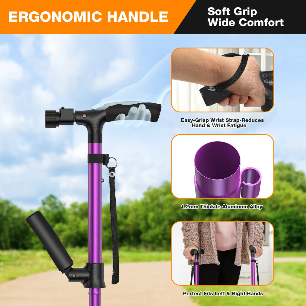 KEKOY Folding Walking Cane for Seniors Men Women with Light and Quad Base Purple