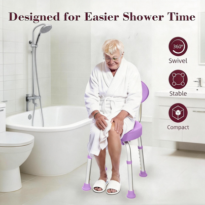 Kekoy Swivel Shower Chair, 360° Rotating Shower Seat with Backrest for Elderly and Disabled, Height Adjustable Tub Bench for Inside Shower Stool & Bath Tub Seat for Adults, Purple