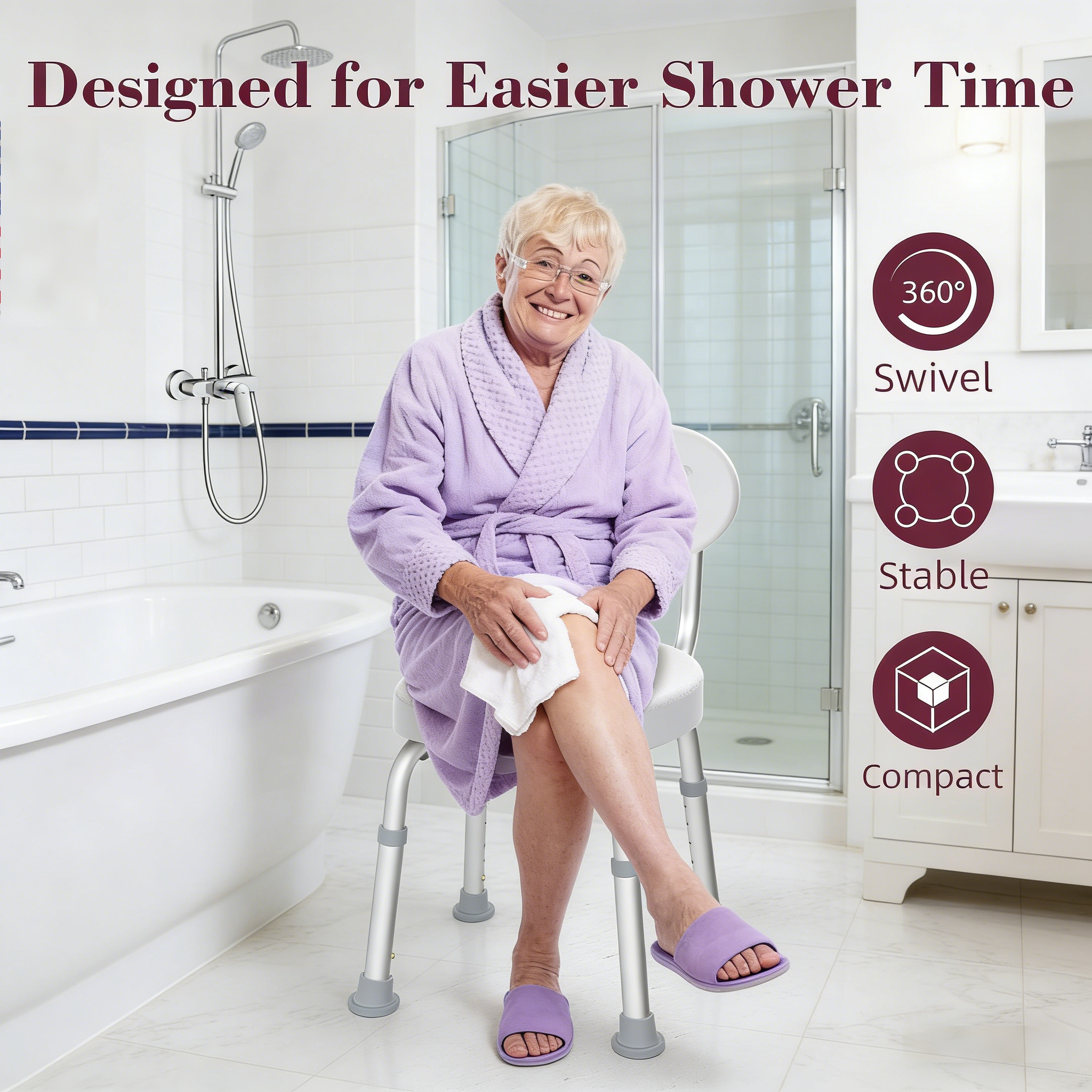 Kekoy Swivel Shower Chair, 360° Rotating Shower Seat with Backrest for Elderly and Disabled, Height Adjustable Tub Bench for Inside Shower Stool & Bath Tub Seat for Adults, White