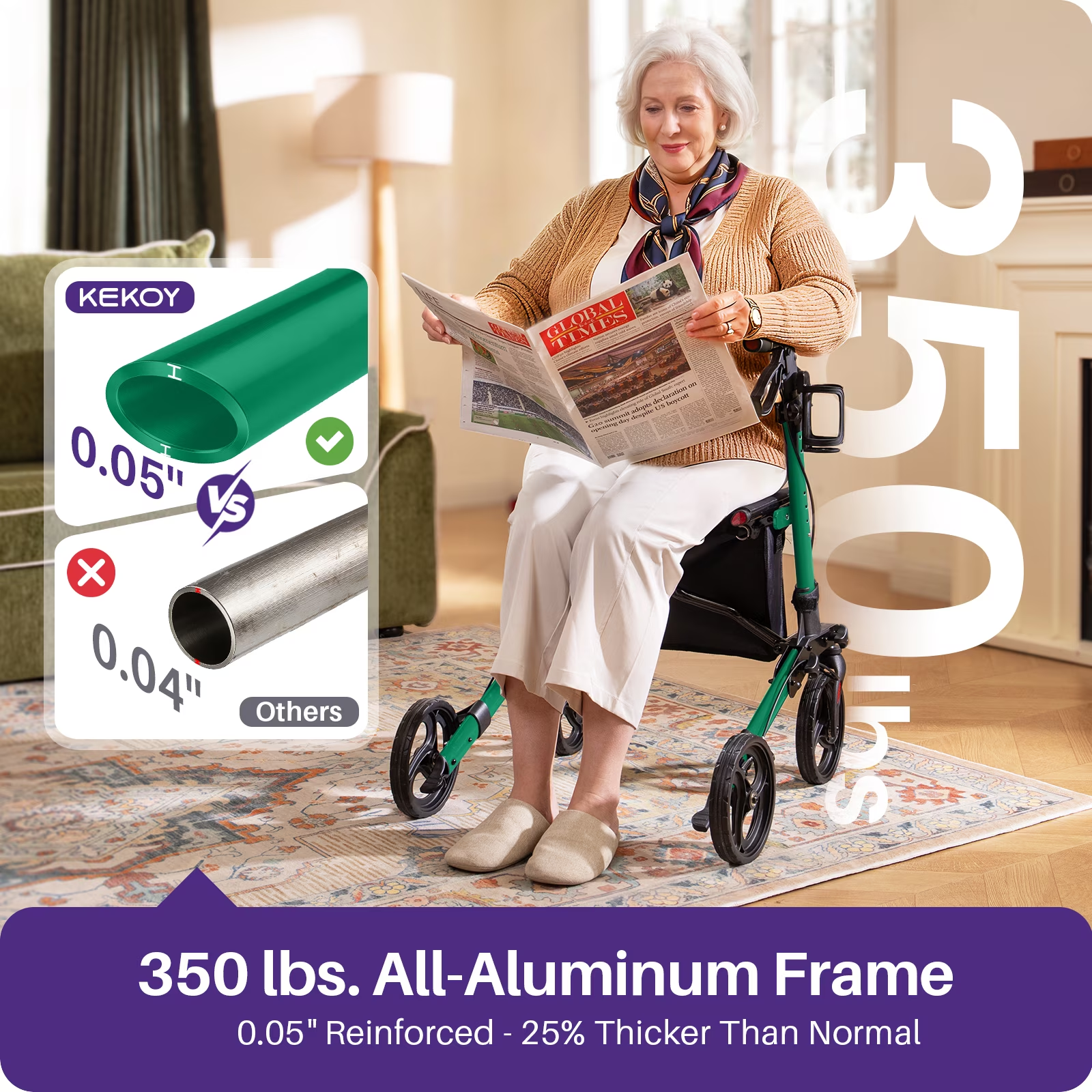 KEKOY Walkers for Seniors Foldable Mobility Rollator with Seat 350 lb, Adjustable Handles and Backrest Height, Adult Aluminum Rolling Walker, 8" Big Wheels, Green