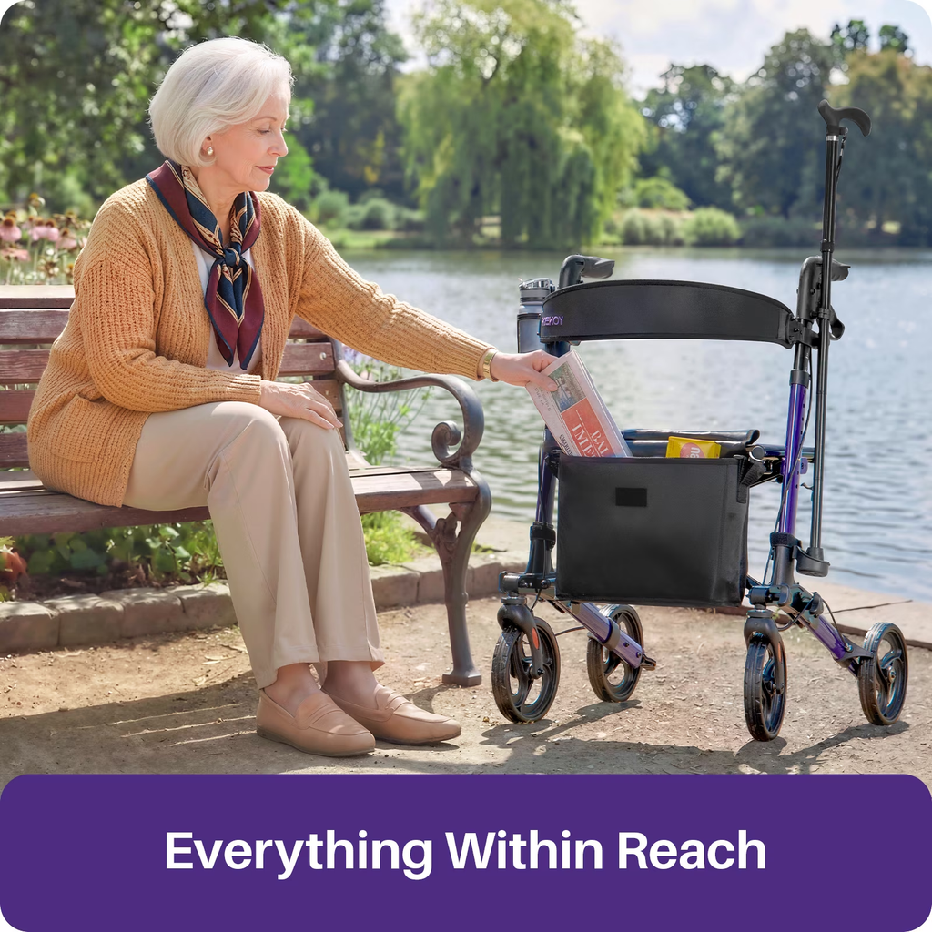 KEKOY Rollator Walker with Seat, Fits 4'9"-6'5", FSA HSA  Eligible Mobility Walkers for Seniors, Adjustable Height & Backrest, Foldable Aluminum, 8" All-Terrain Wheels, 350 lb Capacity, Purple