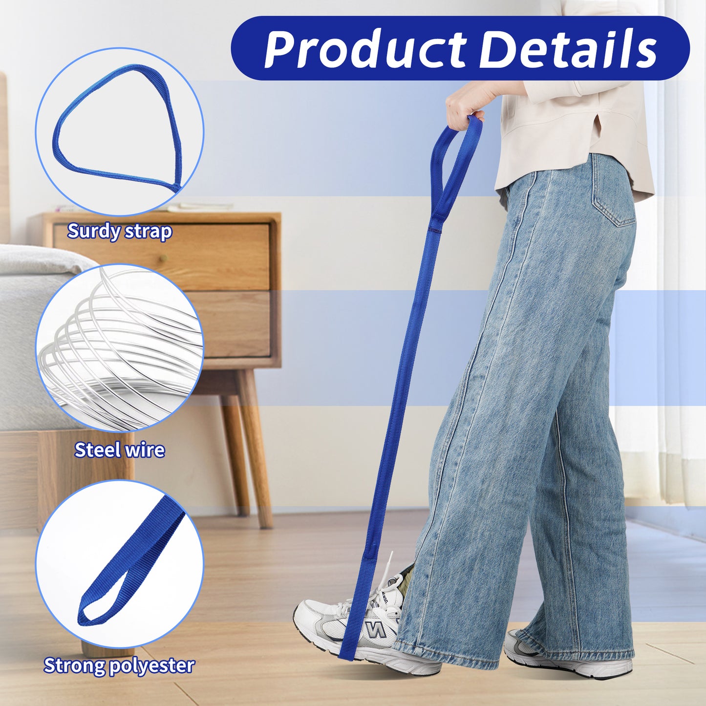 KEKOY 40.5" Long Leg Lifter Strap, Rigid Foot Loop, Mobility Aid for Hip & Knee Replacement, Wheelchair, Handicap, Disability, Blue