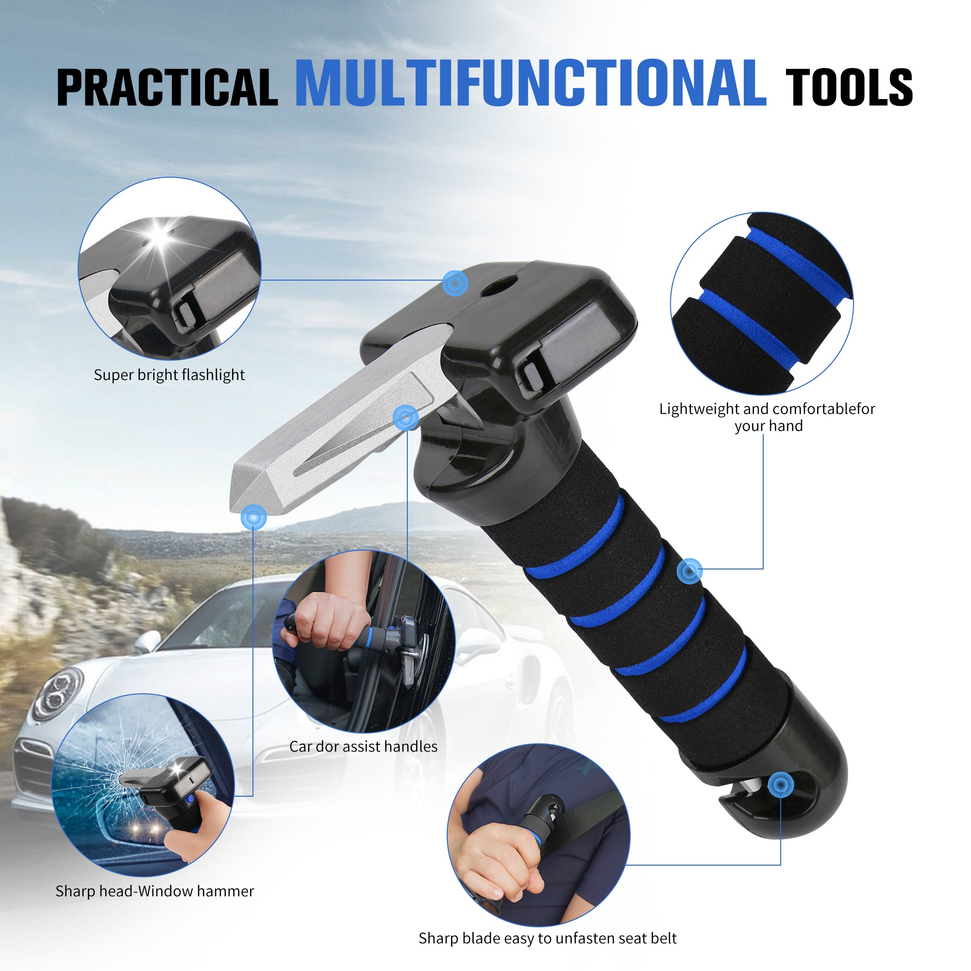 KEKOY Car Door Handle for Elderly, 4 in 1 Car Assist Handle with LED Light, Seatbelt Cutter, Window Breaker Standing Mobility Aid for Car