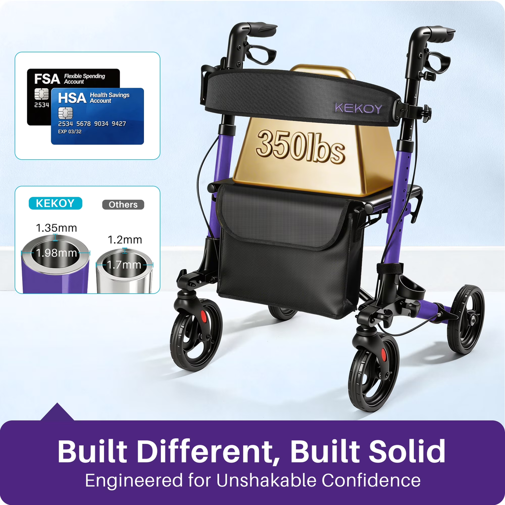 KEKOY Walkers for Seniors Foldable Mobility Rollator with Seat 350 lb, Adjustable Handles and Backrest Height, Adult Aluminum Rolling Walker, 8" Big Wheels, Purple