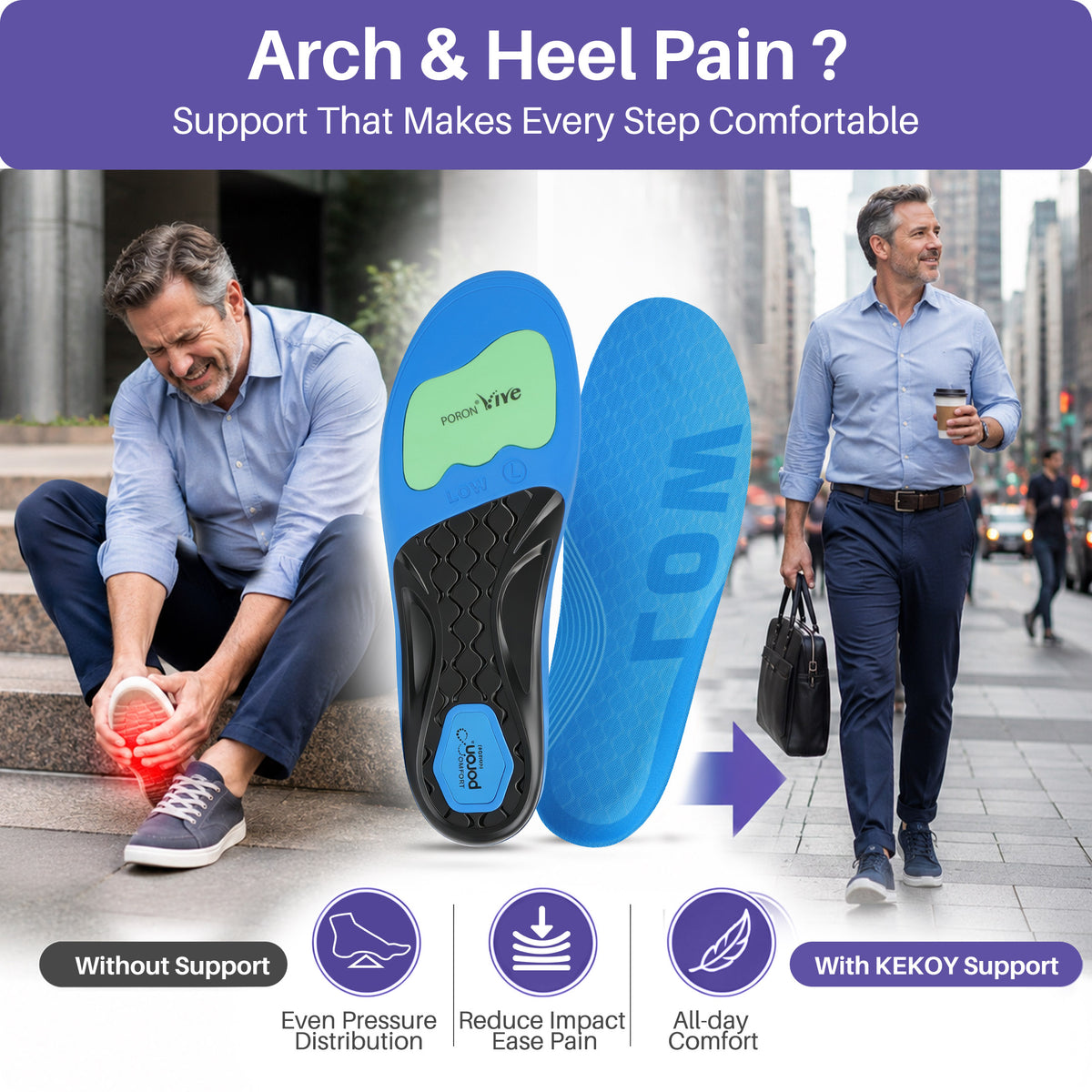 KEKOY 220+ lbs Heavy Duty Orthotic Insoles for Men & Women, 1.22" Medium Arch Support Shoe Inserts for Overpronation, Mild Flat Feet, Plantar Fasciitis Relief