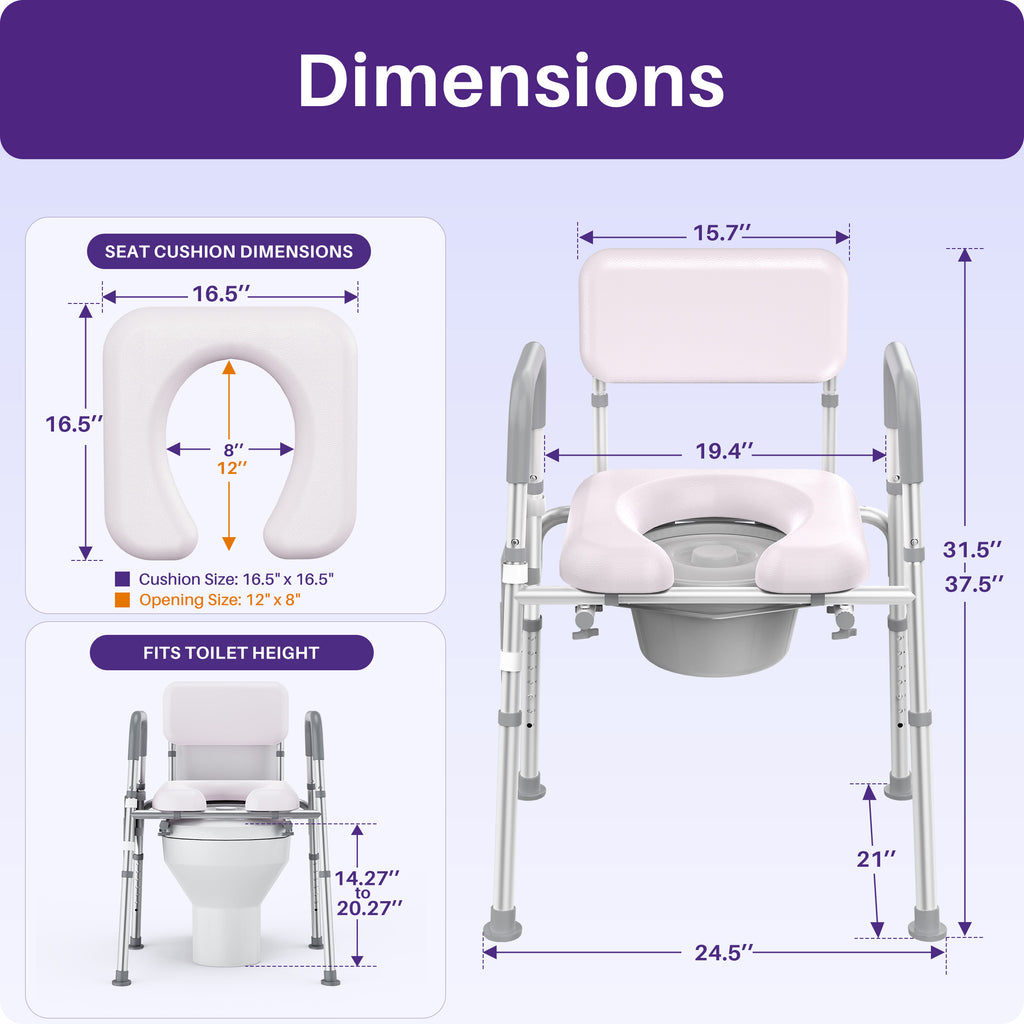 Kekoy Bedside Commode Chair with Padded Seat and Backrest, Aluminum Commode Toilet for Adults, Seniors, Disabled, Adjustable Height, Includes Potty Bucket & Splash Guard, 400lbs Capacity