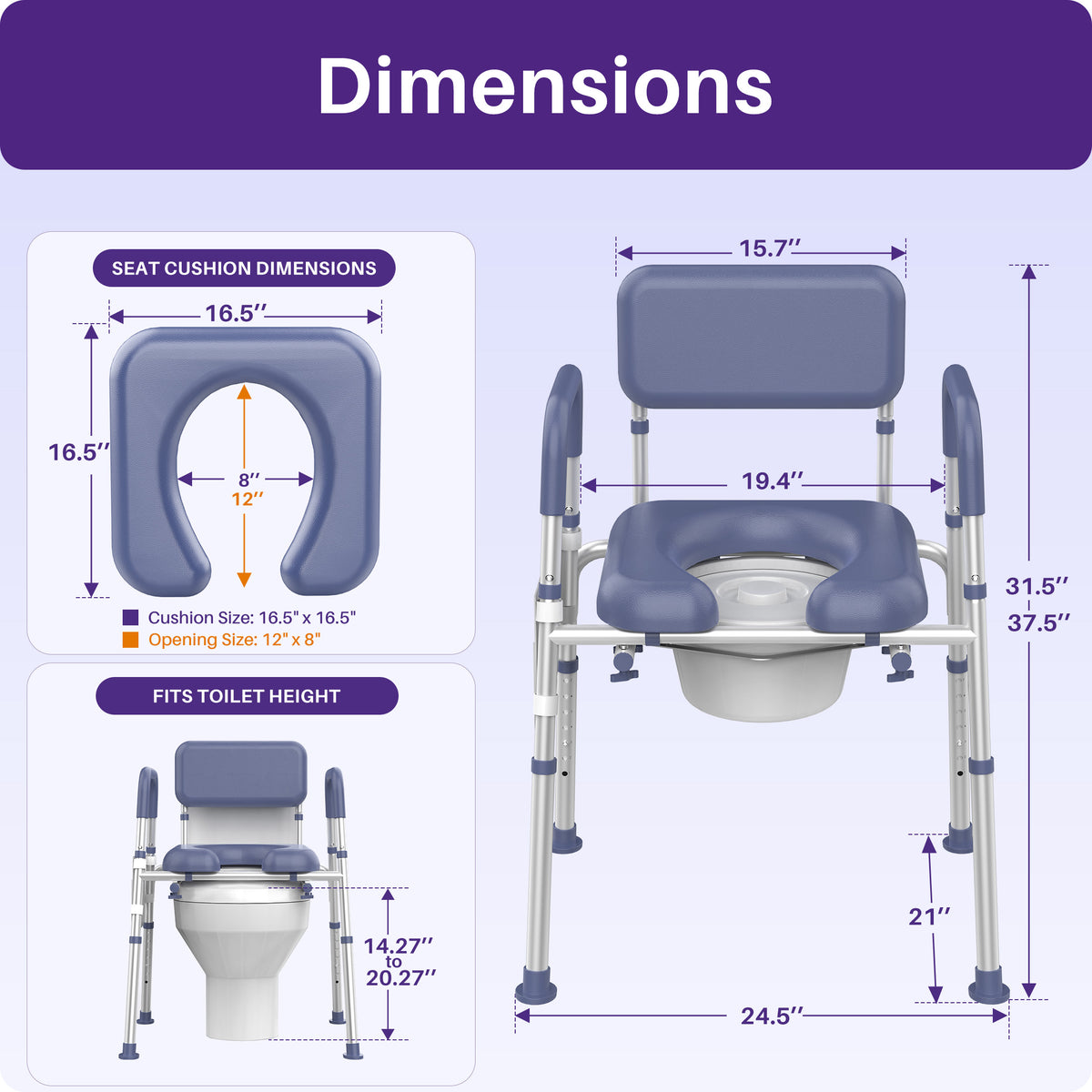 Kekoy Bedside Commode Chair with Padded Seat and Backrest, Aluminum Commode Toilet for Adults, Seniors, Disabled, Adjustable Height, Includes Potty Bucket & Splash Guard, 400lbs Capacity