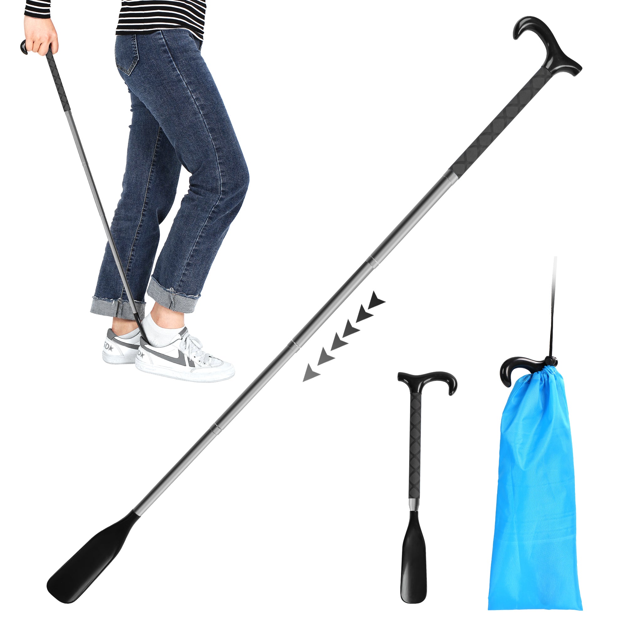 KEKOY Shoe Horn, 14" to 34" Long Handle Adjustable and Retractable Stainless Steel Long Shoehorn for Seniors with Travel Bag