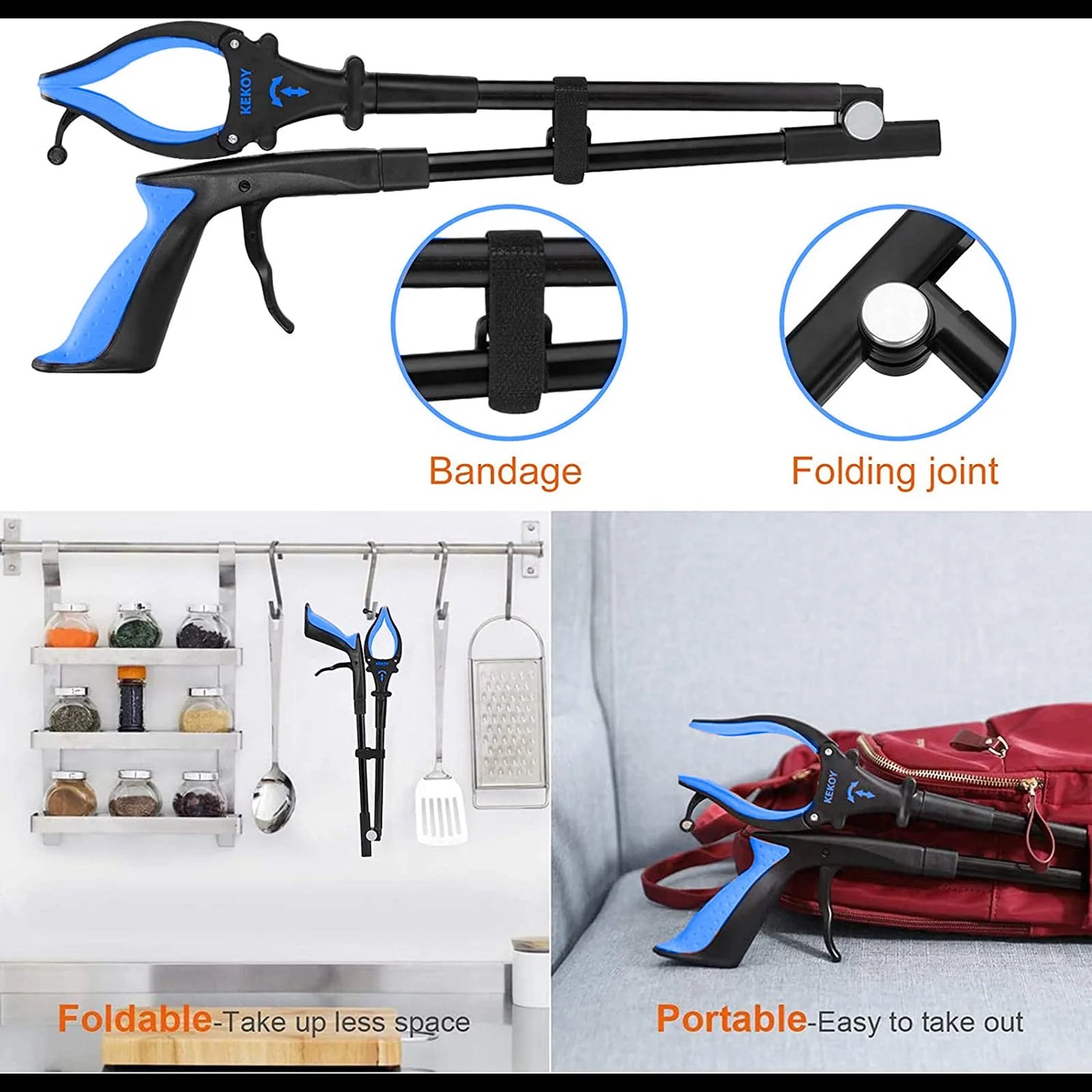 KEKOY 32" Foldable Reacher Grabber Tool with Light, Extra Long Trash Claw Grabber, FSA/HSA Eligible Reaching Aid Tool for Trash Pick up, Blue