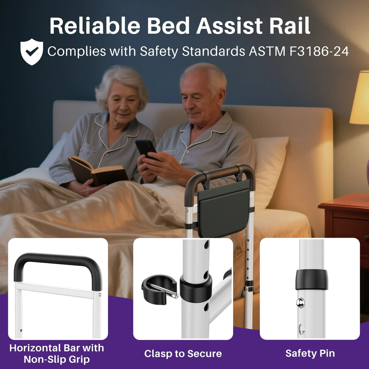 KEKOY Bed Rails for Seniors, Adjustable Bed Assist Rail for Elderly Adults with Storage Bag and Fixing Strap, Bed Support Bar Mobility Assistant