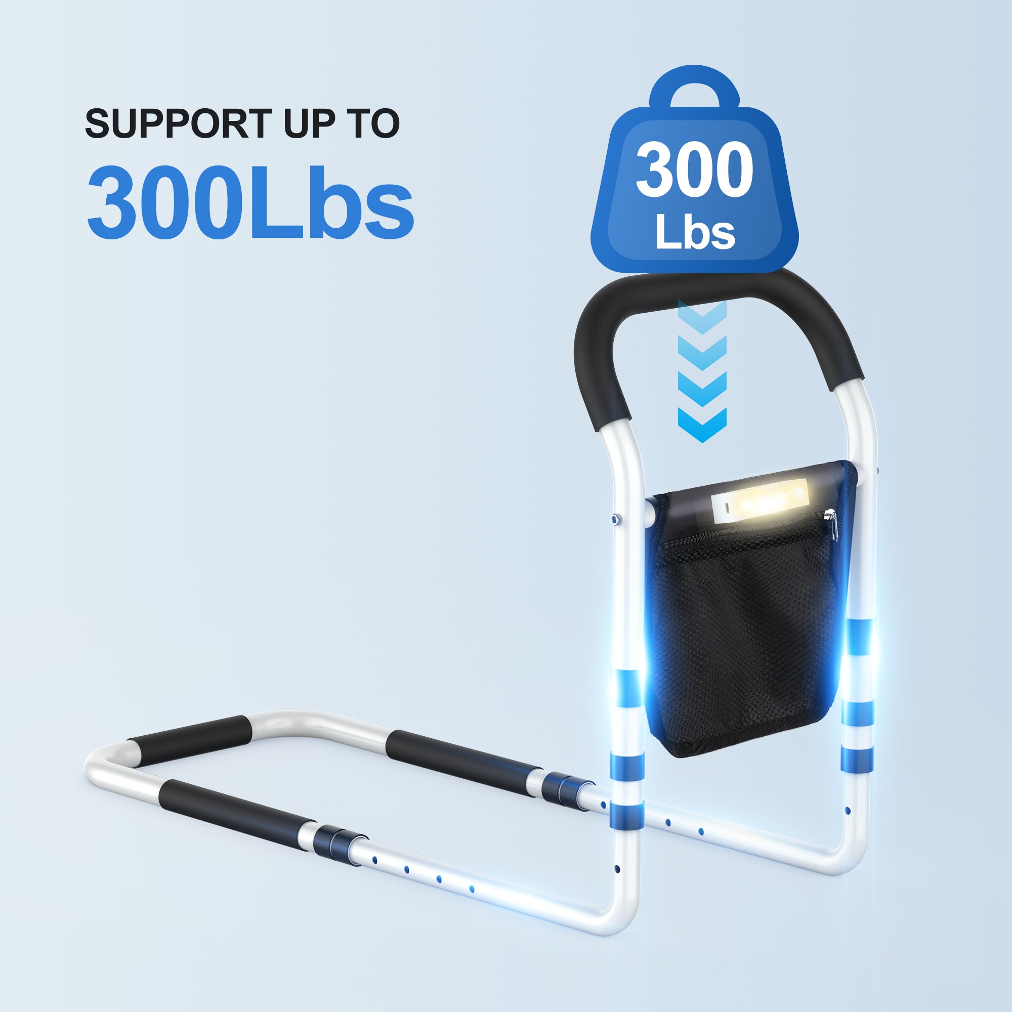 KEKOY Bed Rails for Elderly Adults, Adjustable Assist Beds Rail for Senior with Storage Bag & Light, Bed Support Steel Bar Mobility Assistant, Fix All Beds Frame